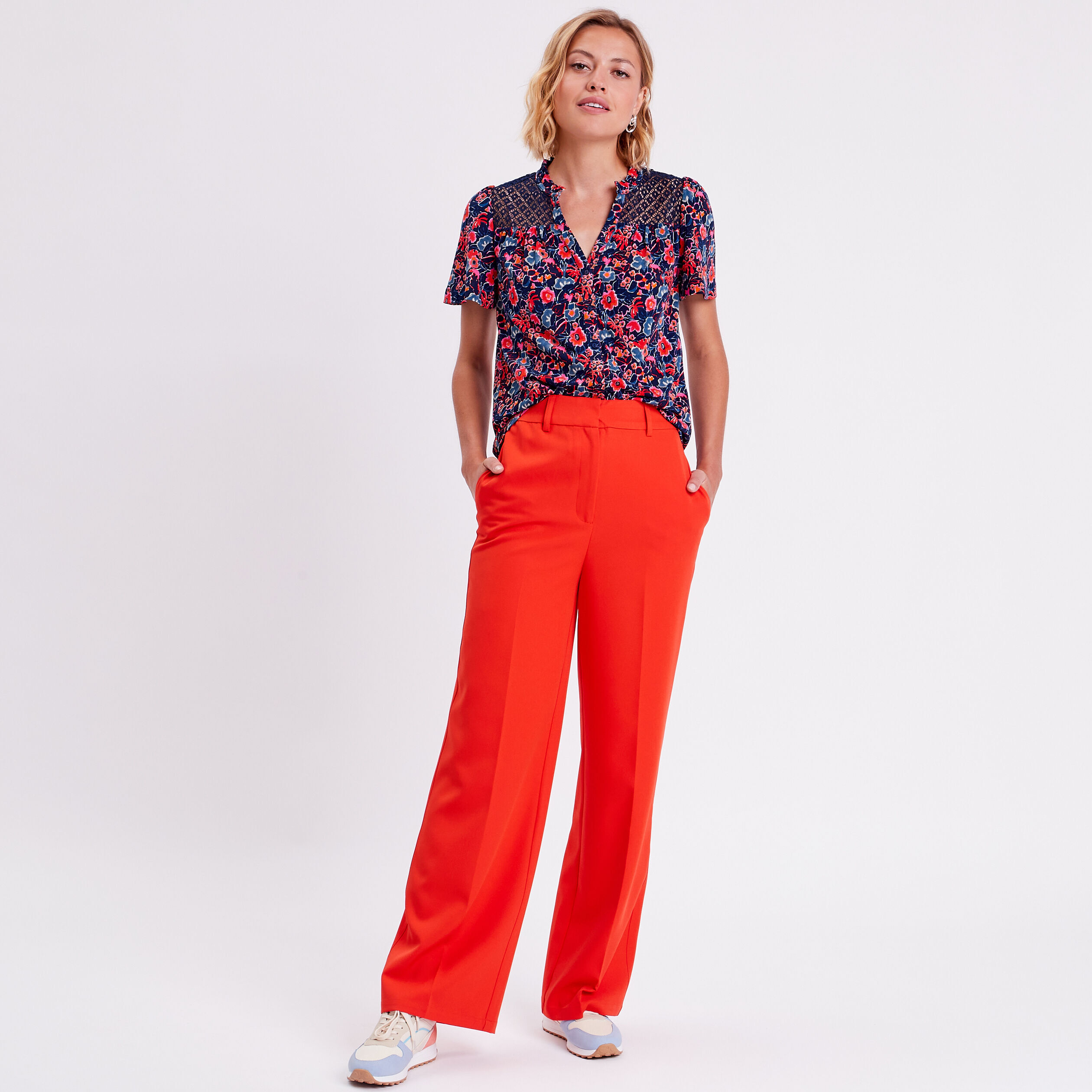 Blouse détails dentelle bleu marine femme | Cache Cache