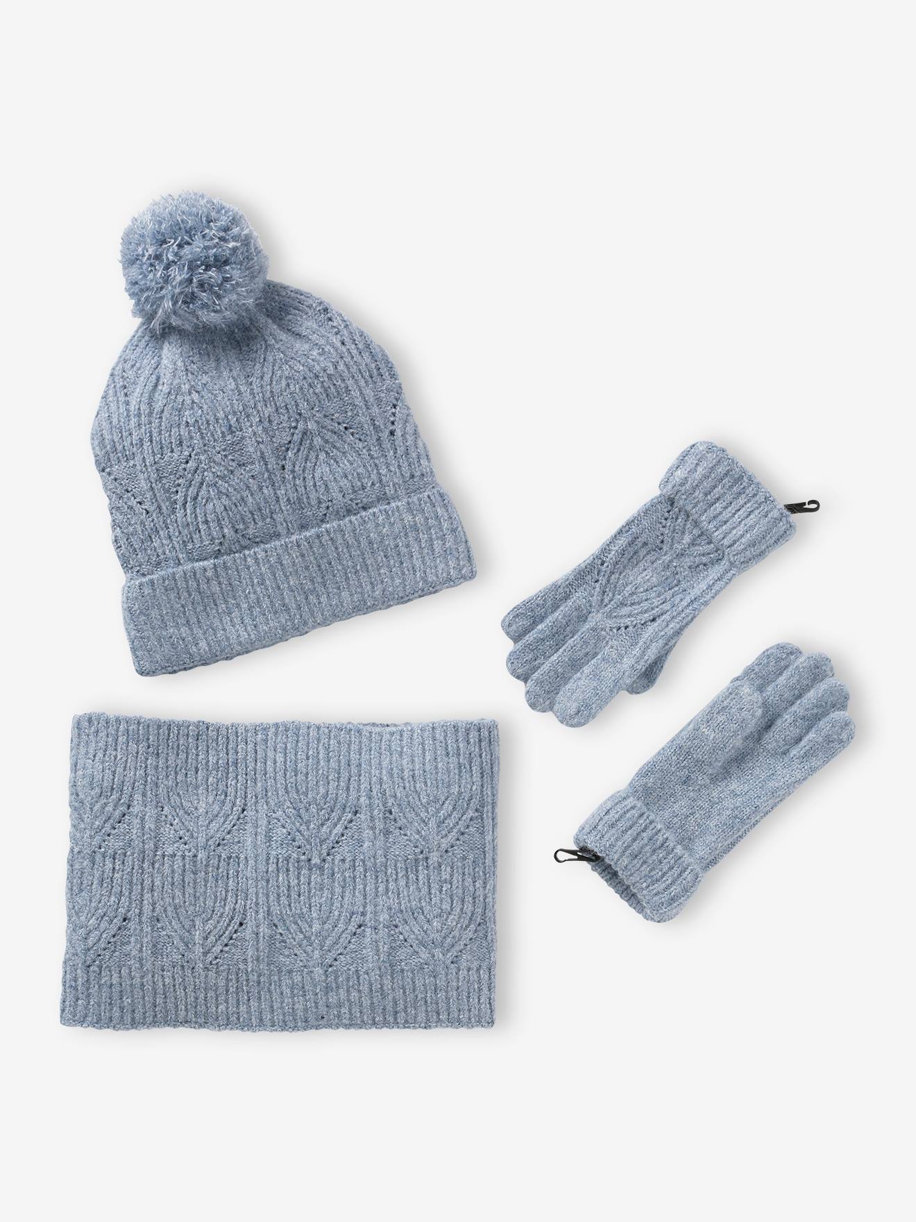 Ensemble bonnet + snood + moufles en maille torsadée mousseuse rose