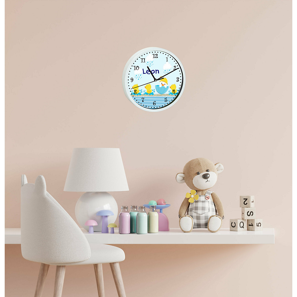 Kinder Wanduhr laufruhig personalisiert mit Name Ente