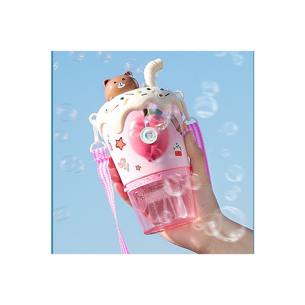 Milchteetasse Kinderblasenmaschine Kinderspielzeug im Freien Beleuchtung, Musik, automatische Seifenblasenpistole, Outdoor-Spielzeug für Kinder