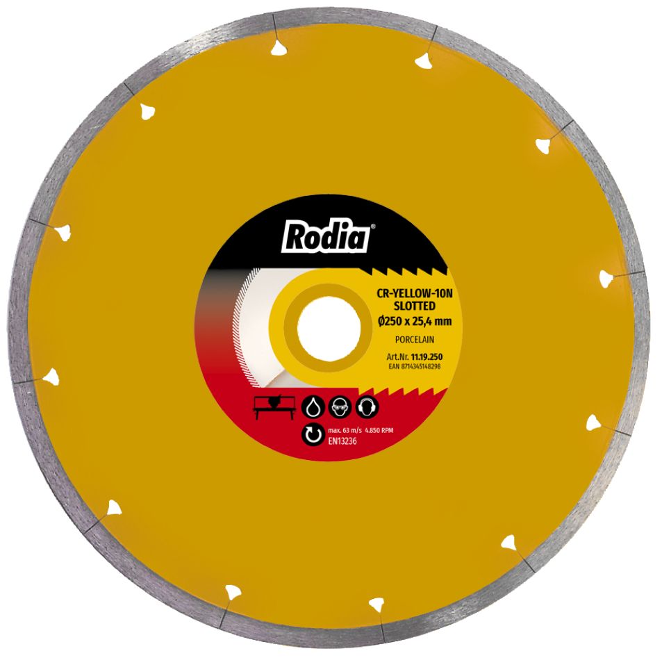 Disco de serra diamantado Rodia 11.19.250 CR-YELLOW-10N 250 x 25,4 mm com ranhuras.