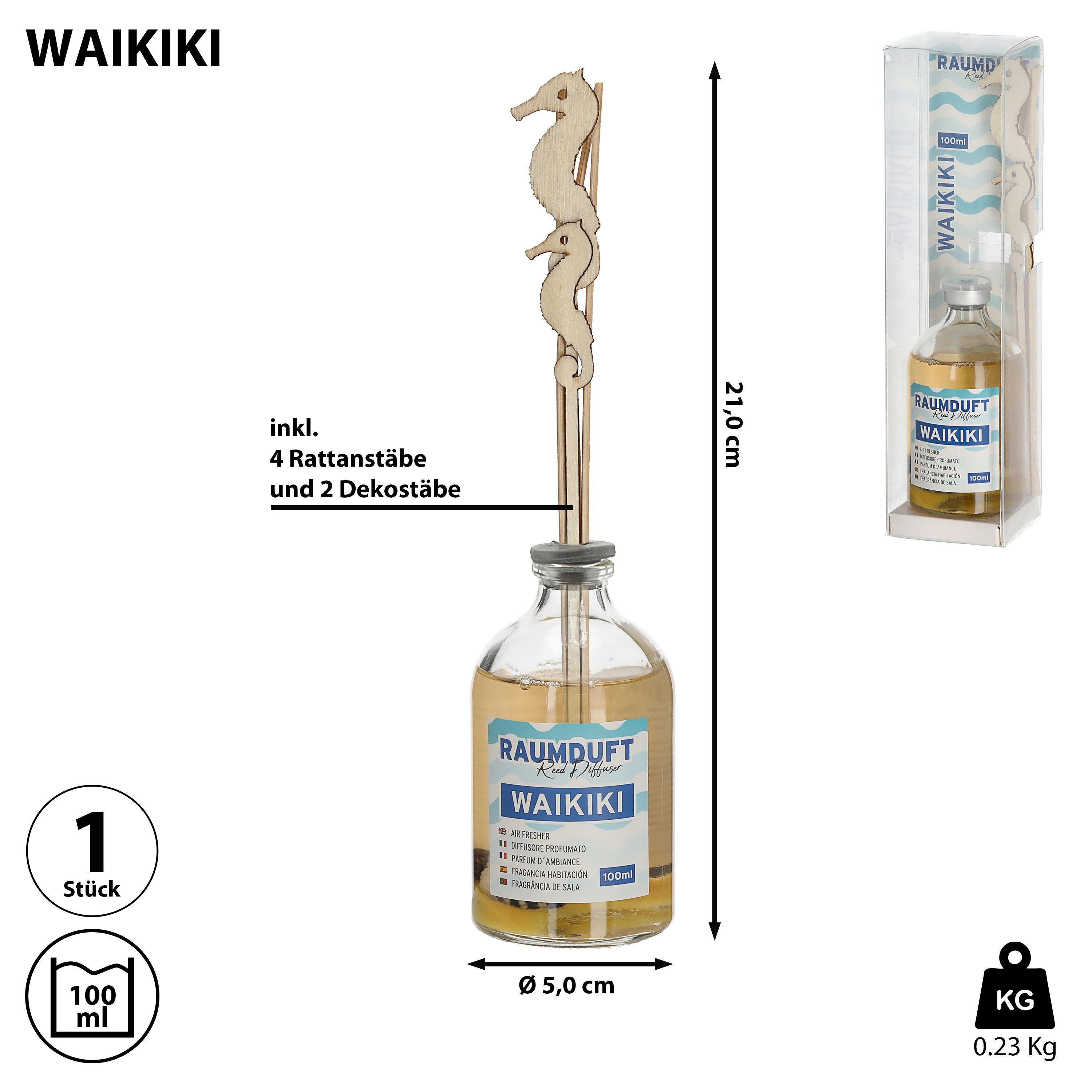 CEPEWA Raumduft Raumduft 'Waikiki' 100ml 4 Rattanstäbe 2 Dekostäbe 5x21cm Diffuser