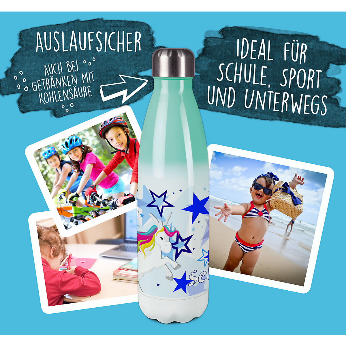 Edelstahl Kinder Thermoflasche / Trinkflasche bunt Pegasus Sterne Farbe blau Spülmaschinenfest, Auslaufsicher, Bruchfest, Doppelwandig, Für Heißgetränke geeignet, Mit Deckel, Isoliert