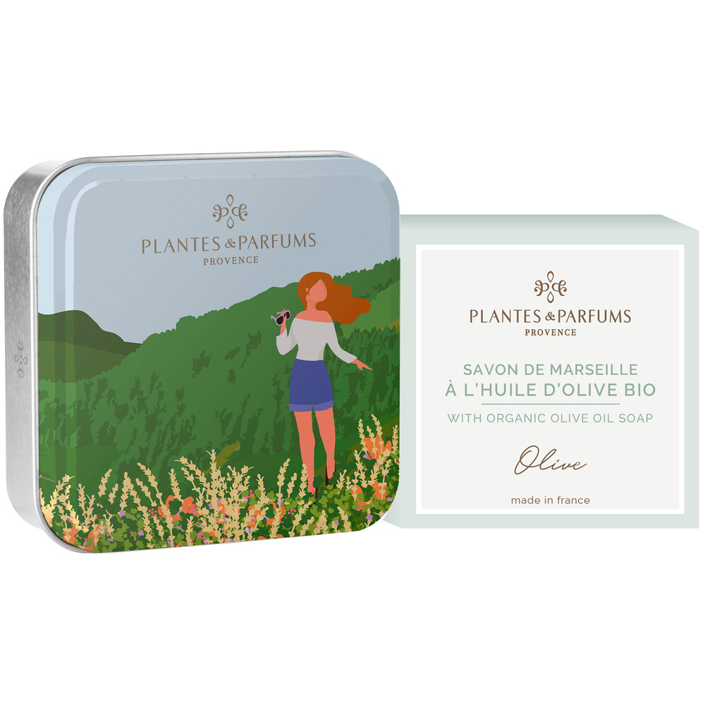 Plantes et Parfums À la Montagne avec savon Olive Boîte Métal Carrée