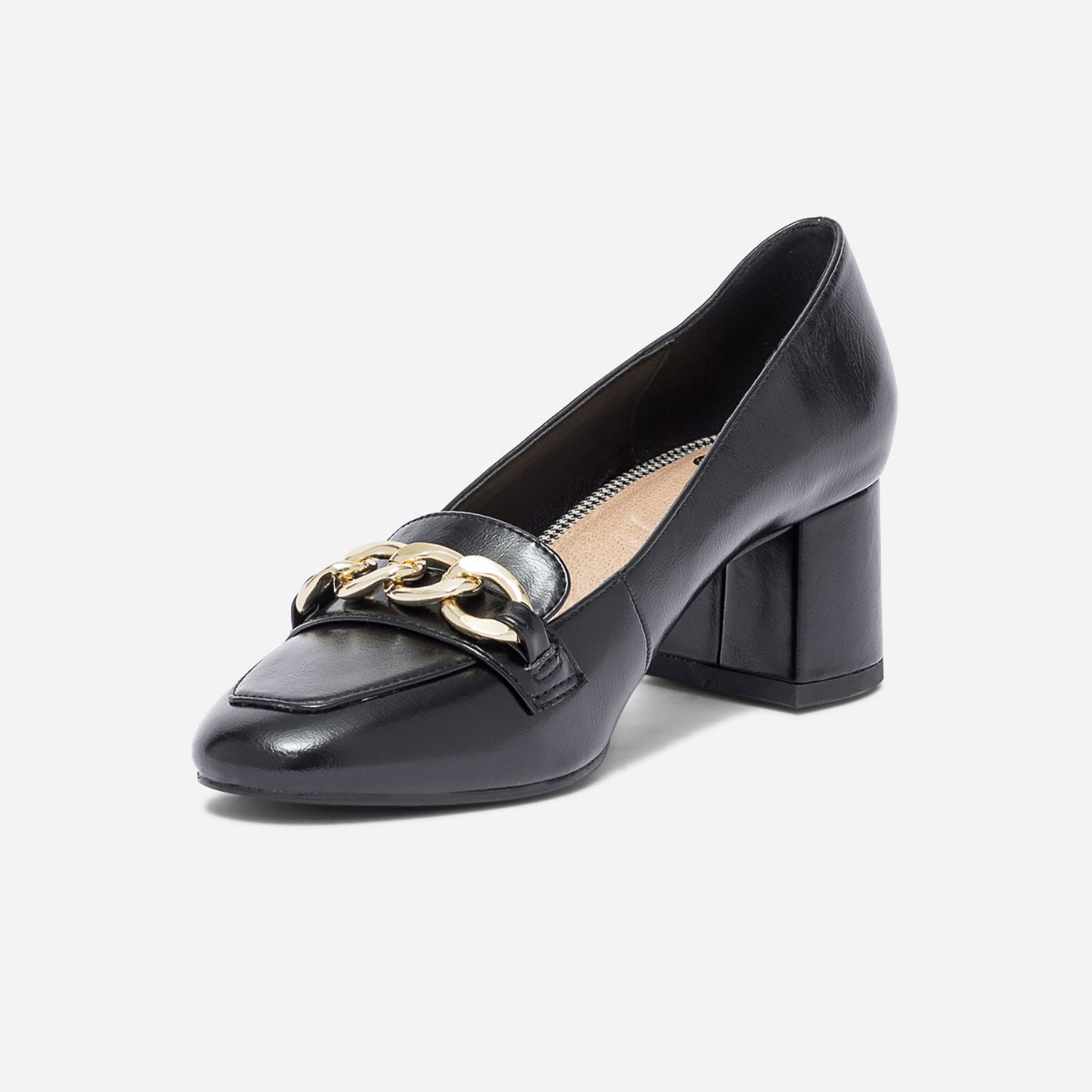 Escarpin noir à talon et chaîne-bijou