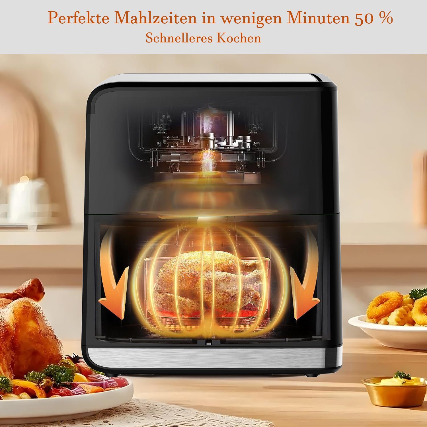 TAB Heißluftfritteuse 7,5L XXL Air fryer, Ohne Öl Heizluft Fritteuse LED Touchscreen, 1700,00 W, Einstellbare Temperaturregelung, Sichtbares Sichtfenster