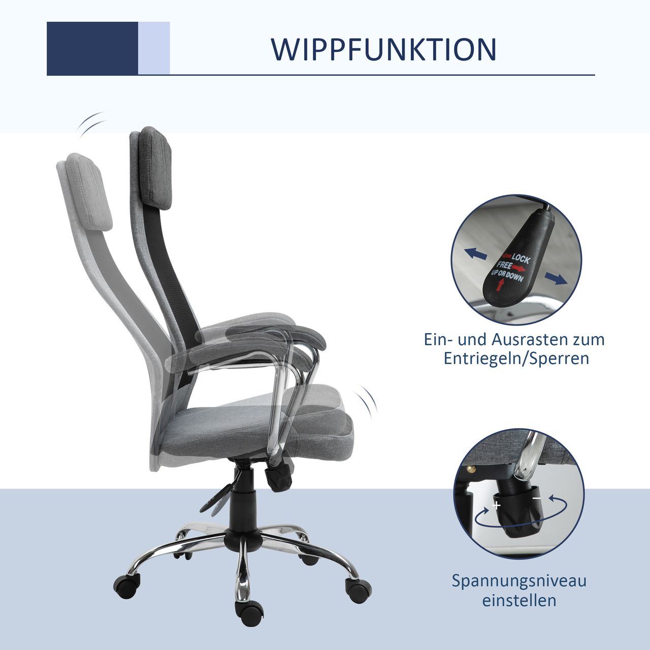 Vinsetto Bürostuhl Computerstuhl ergonomischer Schreibtischstuhl Höhenverstellung und Kopfstütze mit Schaumstoff nordischer Stil hellgrau schwarz 65 x 60 x 119-129 cm