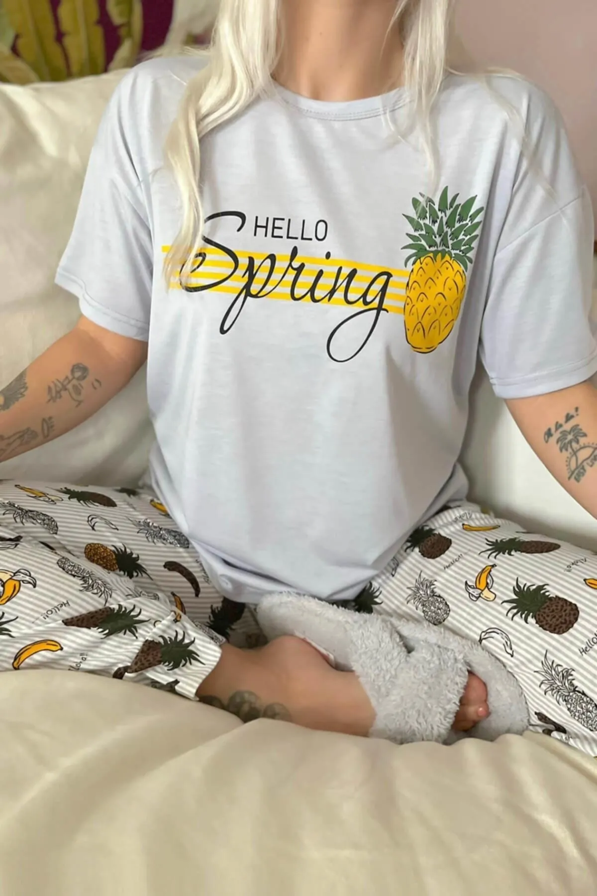 Pijamaevi  Kurzarm-Mutter-Tochter-Kombi-Pyjama-Set mit Ananas-Aufdruck