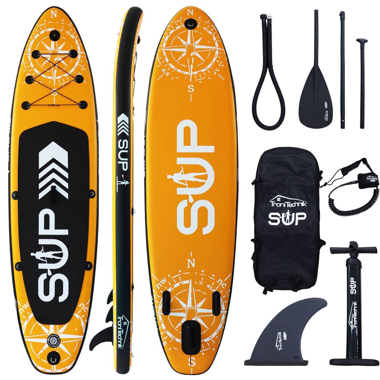 TroniTechnik Standup Paddle Board SUP, inkl. umpfangreichen Zubehör, Paddel und Hochdruckpumpe, Farbe Orange in Größe 366 x 80 x 15cm