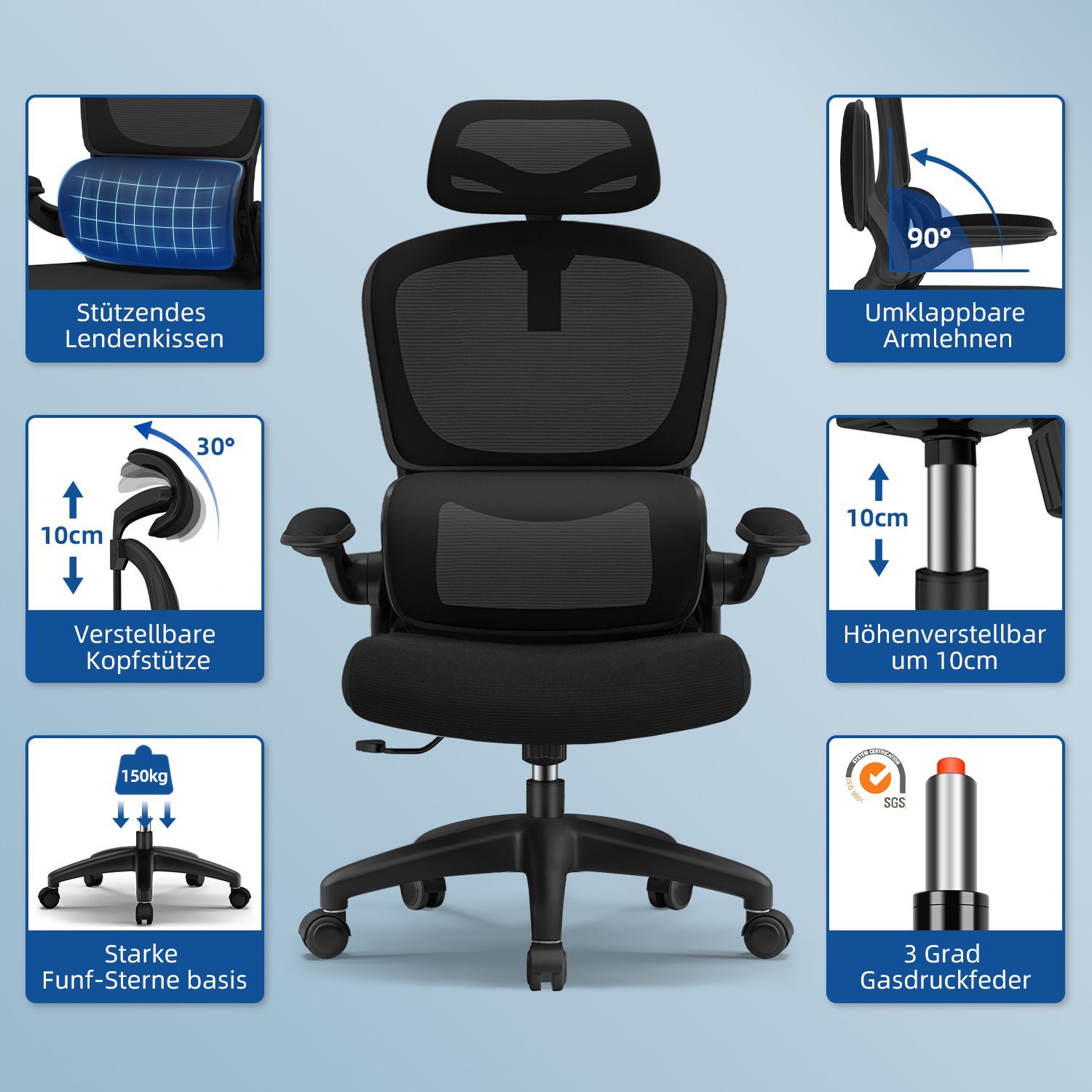 Authmic Chefsessel Bürostuhl, Drehstuhl, Schreibtischstuhl, Chefsessel (Bürostuhl ergonomisch mit verstellbarer Kopfstutze, Armlehnen, Atmungsaktiver Netzstuhl), Wippfunktion von 90° bis 135°, Bürostuhl 150kg