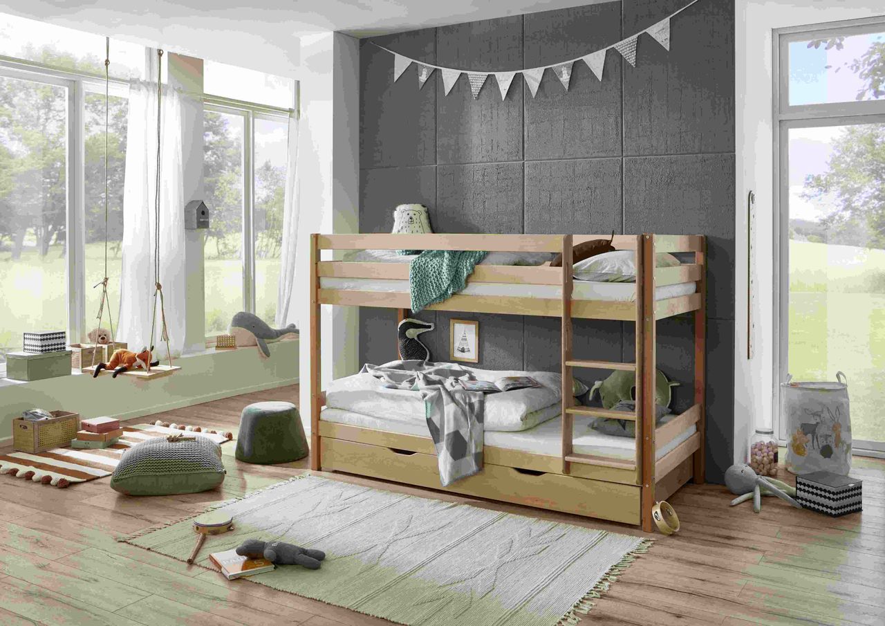 Relita Etagenbett Lupo mit 2 Liegeflächen 90 x 200 cm und Bettschublade, inkl. 2 Rolllattenroste und 2 Matratzen Allergena Med., Ausf. Buche massiv geölt