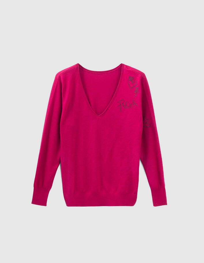 Pull rose en tricot à décor rock strass Femme