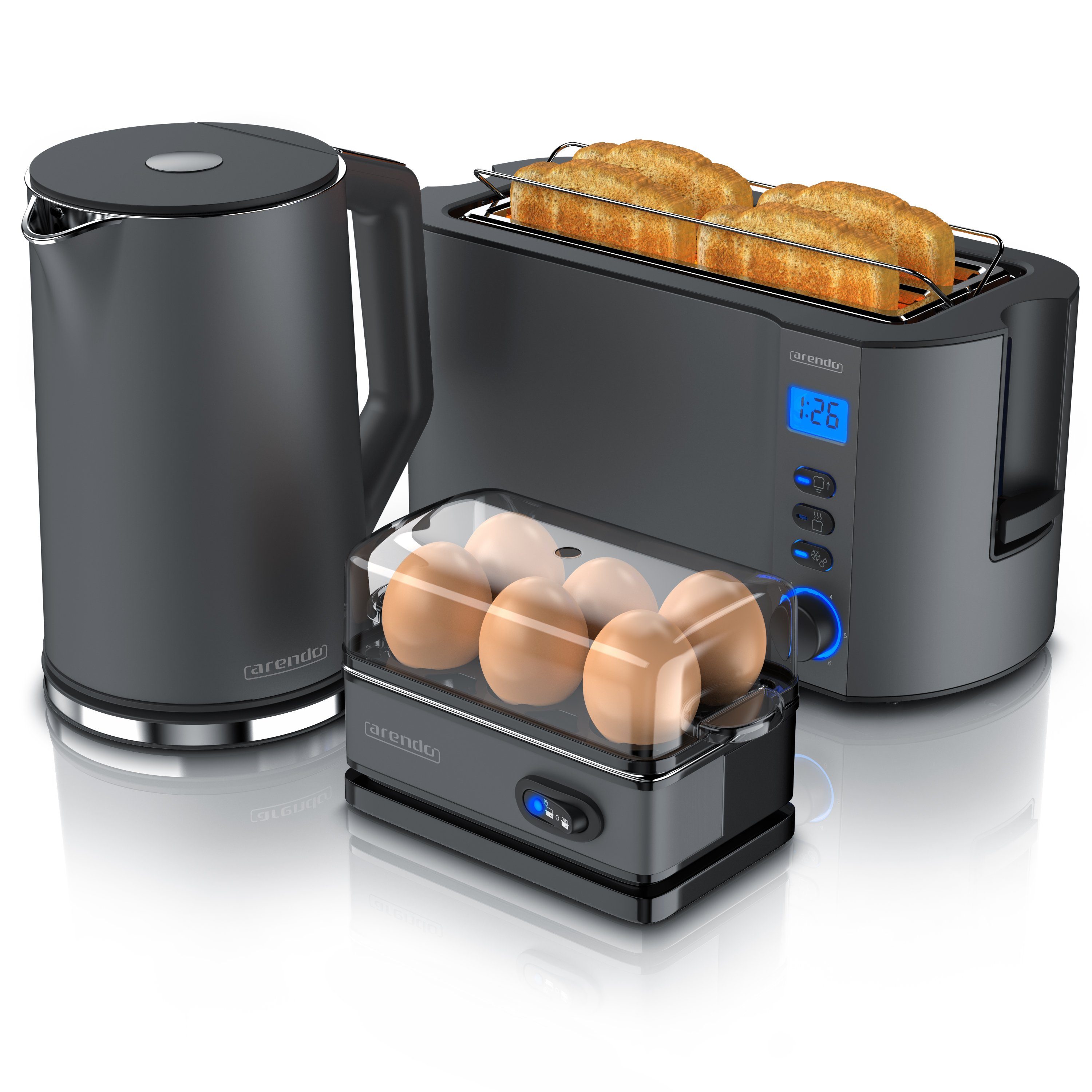 Arendo Frühstücks-Set (3-tlg), Wasserkocher 1,5l, 4-Scheiben Toaster, 6er Eierkocher, Grau