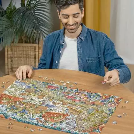 Puzzle 1000 Teile - Niedliche Pilzhäuschen in der Blumenwiese