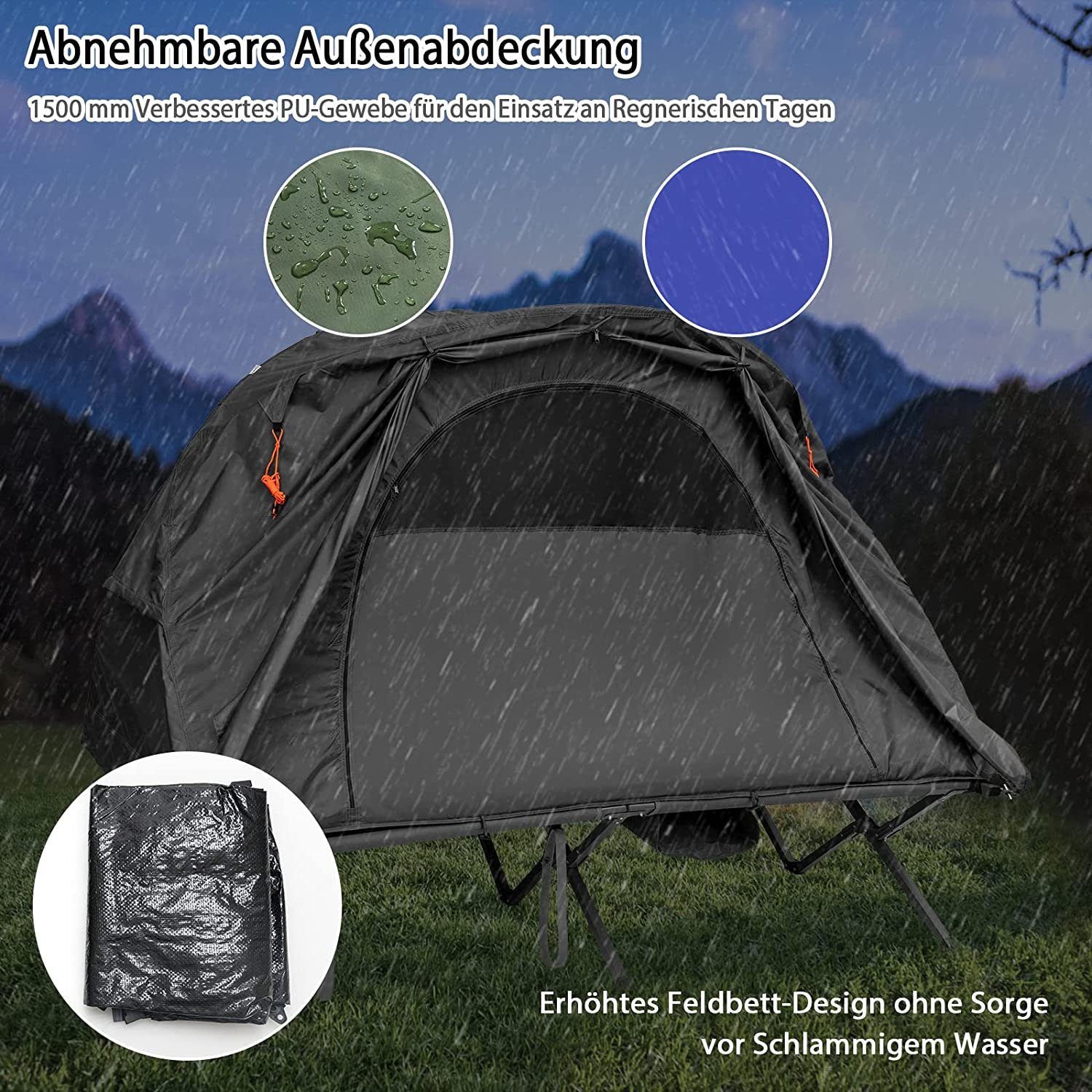 KOMFOTTEU Kuppelzelt 4 in 1 Campingzelt mit Feldbett, Personen: 2, 194×146×160 cm
