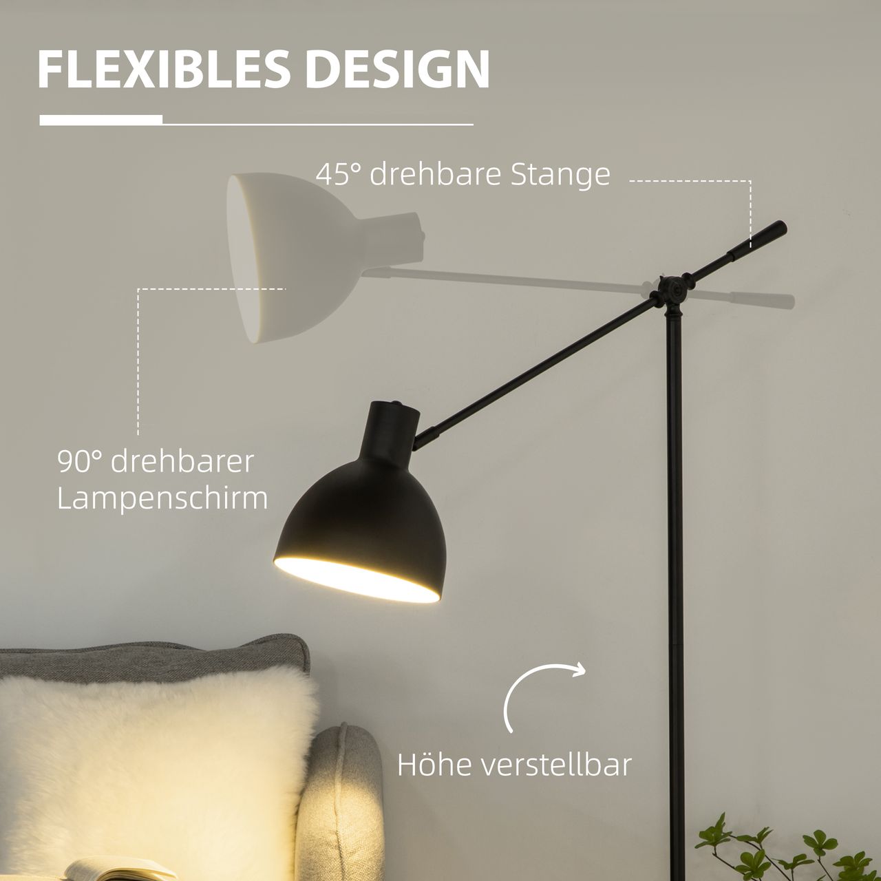 HOMCOM Stehlampe höhenverstellbar, schwenkbar Stehleuchte, 40 W Standlampe exkl. Leuchtmittel, Leselampe Bogenlampe mit E27 Sockel, für Wohnzimmer, Schlafzimmer, Schwarz