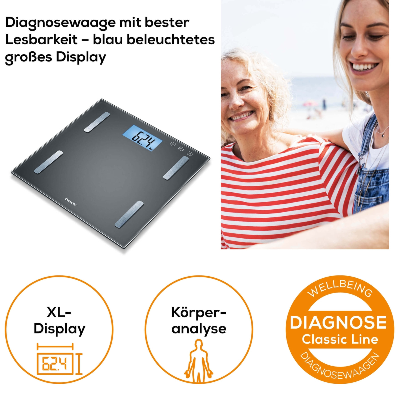 Beurer Diagnosewaage BF 180-Körperwaage mit BMI Ganzkörperanalyse & XL-Display - bis 180 kg
