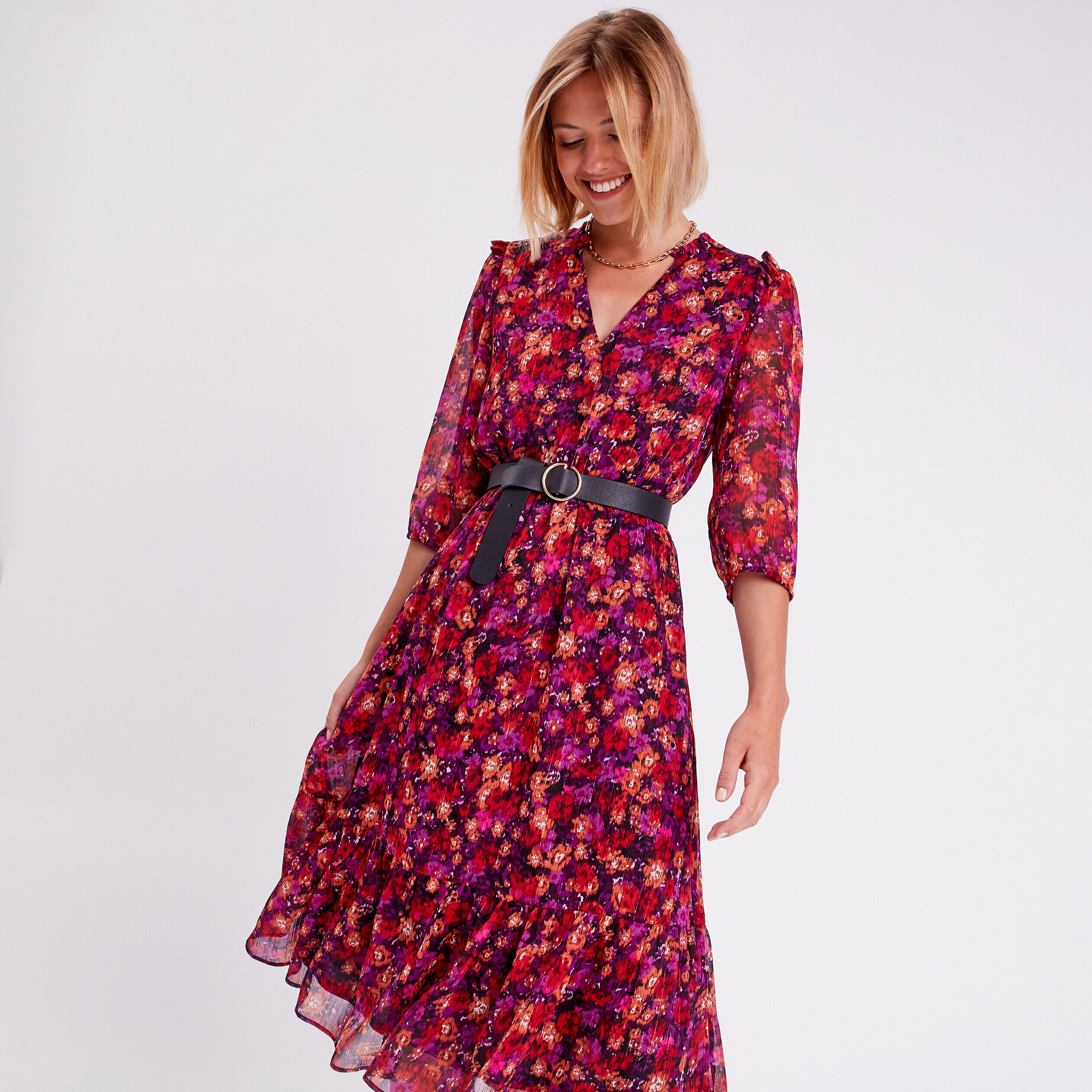 Robe longue évasée volantée rose fushia femme | Cache Cache
