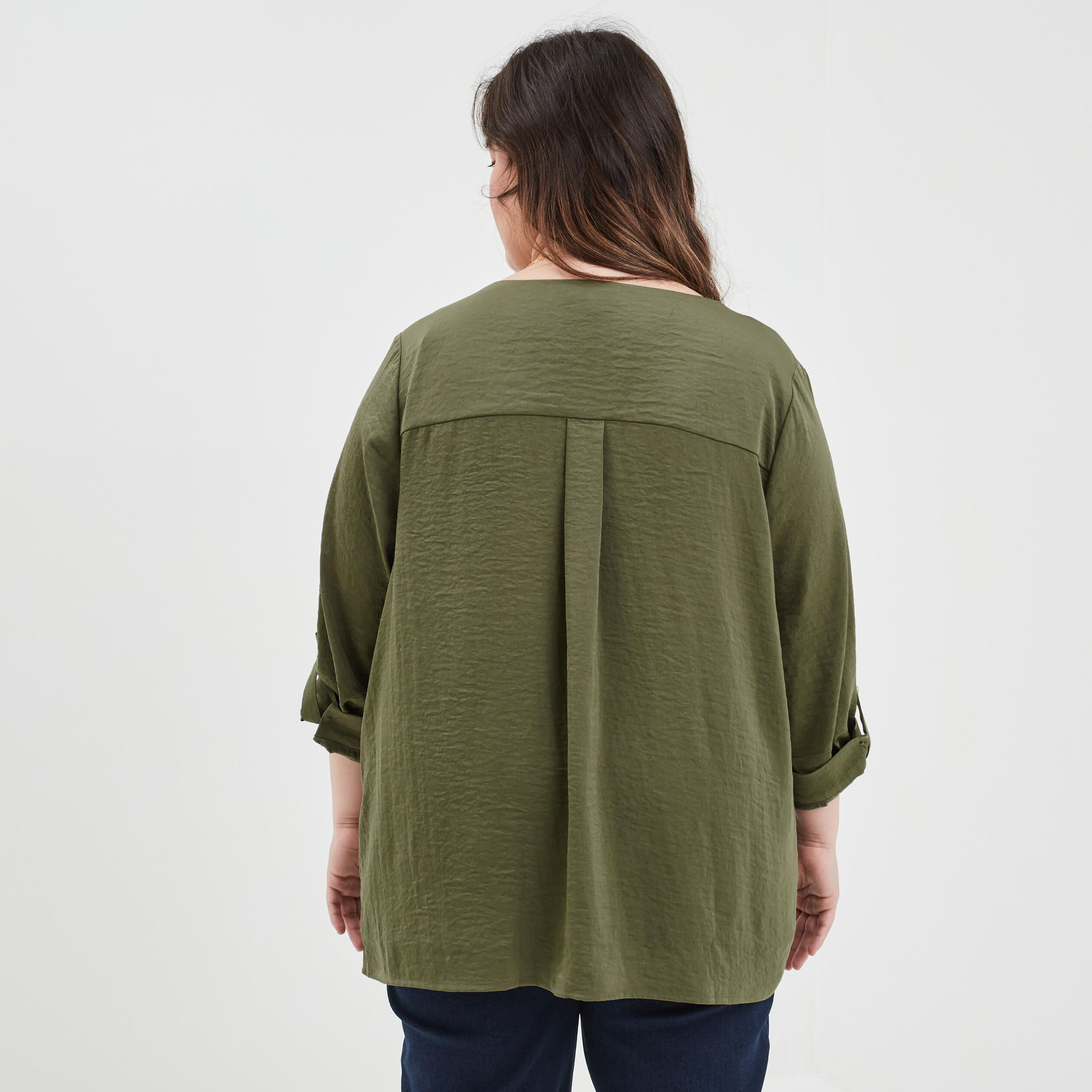 Blouse satin col V manches 3 4 vert kaki femme grande taille | La Halle