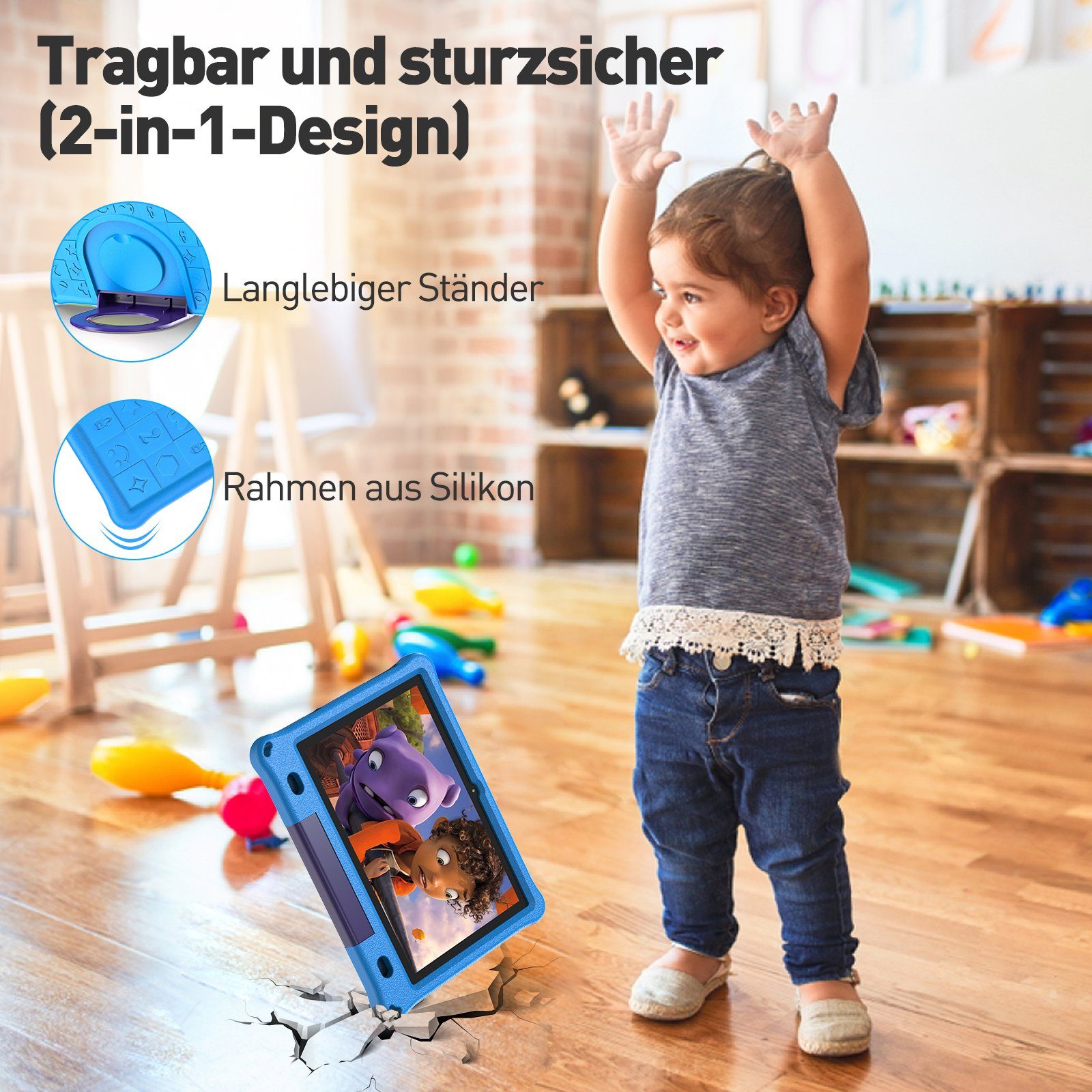 Ulife Lerntablet VASOUN B10K, für Kinder ab 2 Jahren, 10 Zoll, Android 12, fallfest, kostenloser Lern-Apps, Augenschutz, System der elterlichen Kontrolle