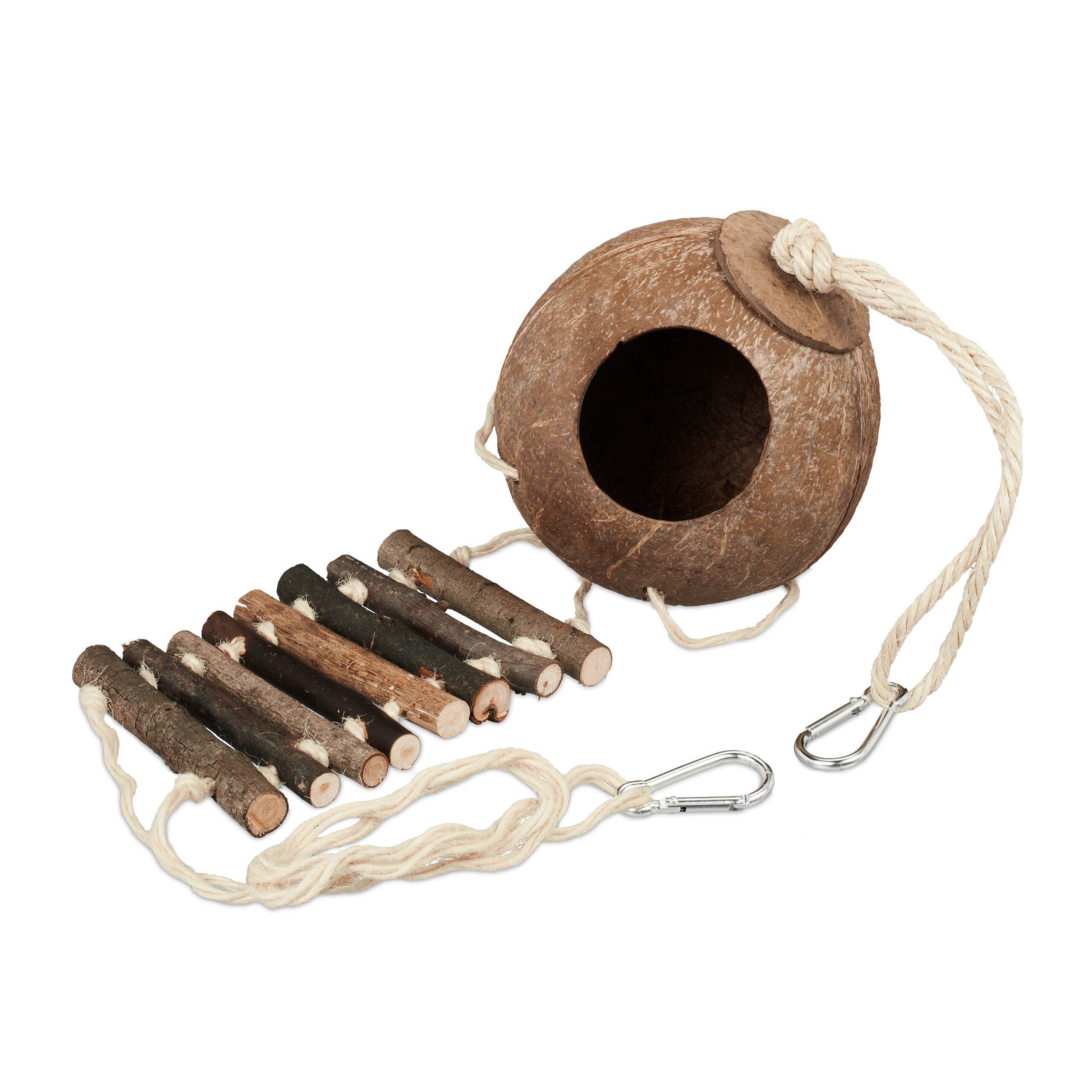 relaxdays Vogelspielplatz Vogelspielzeug Kokosnuss mit Holzleiter