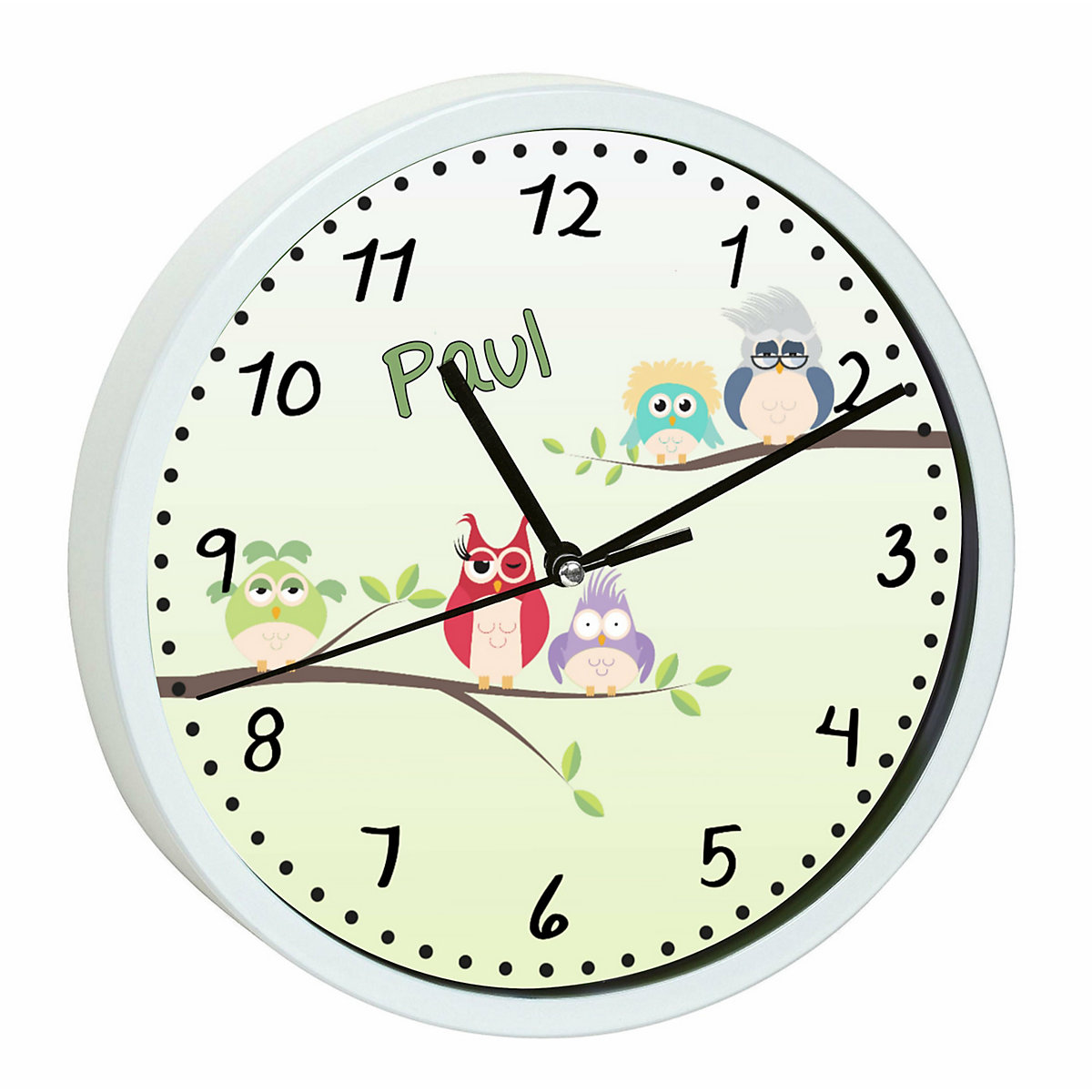 Kinder Wanduhr personalisiert mit Name Eulenfamilie