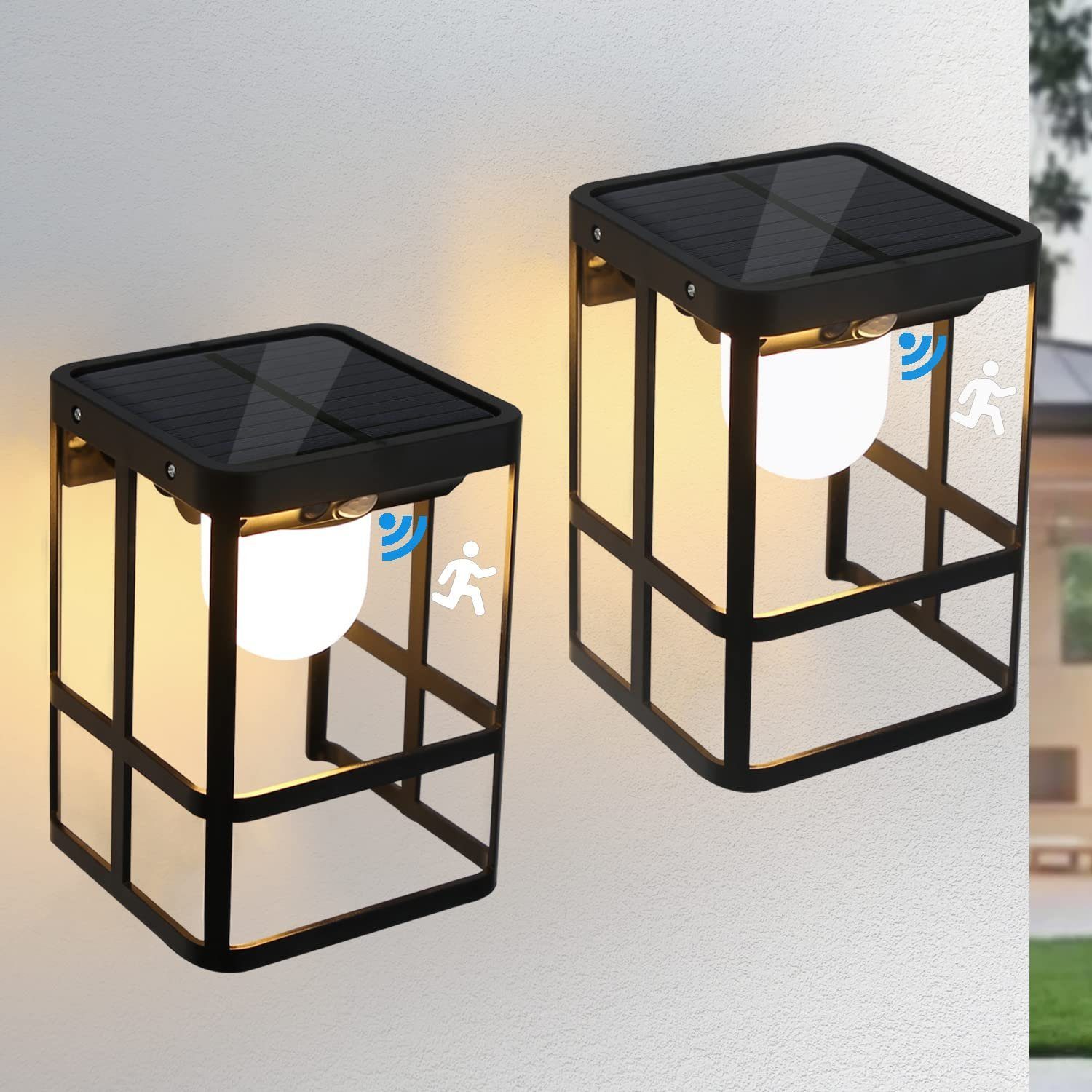 ZMH LED Solarleuchte 2er Außen Bewegungsmelder 1800mAh Garten Wasserdicht 180°, LED fest integriert, Tageslichtweiß