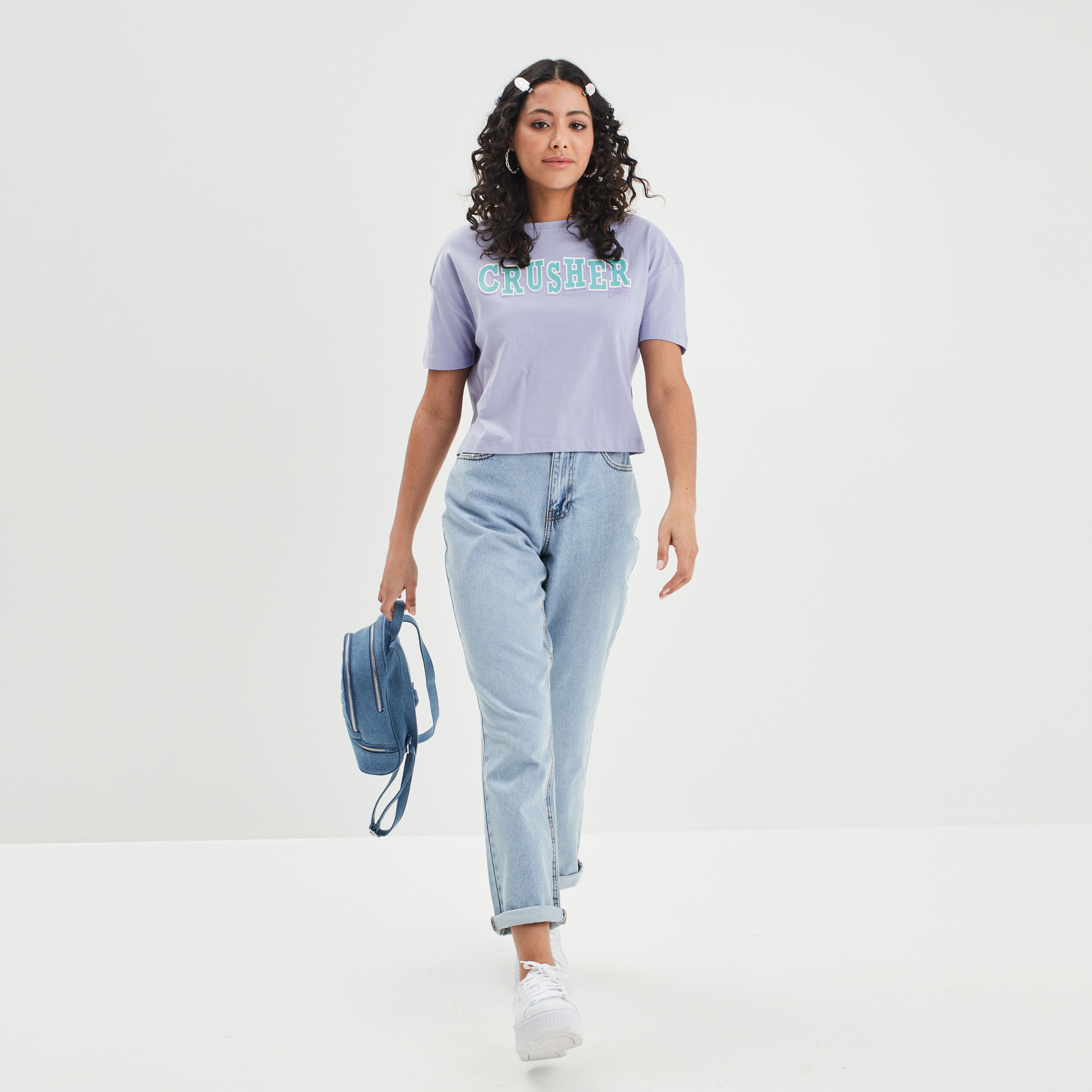 T-shirt cropped oversize Creeks mauve femme | La Halle