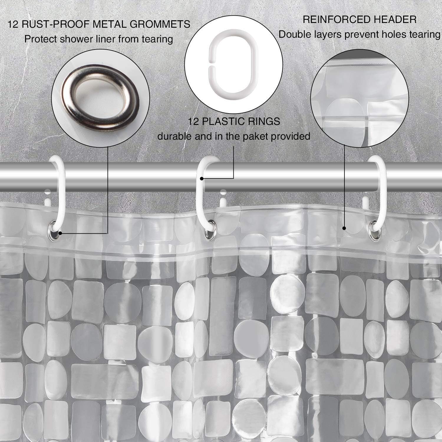 Perfine Duschrollo 3D Duschvorhang Anti-Schimmel mit Gewicht Magnet unten, Wasserdicht (SET), Wasserdicht Antibakteriell EVA Vorhang für Dusche und Badewanne