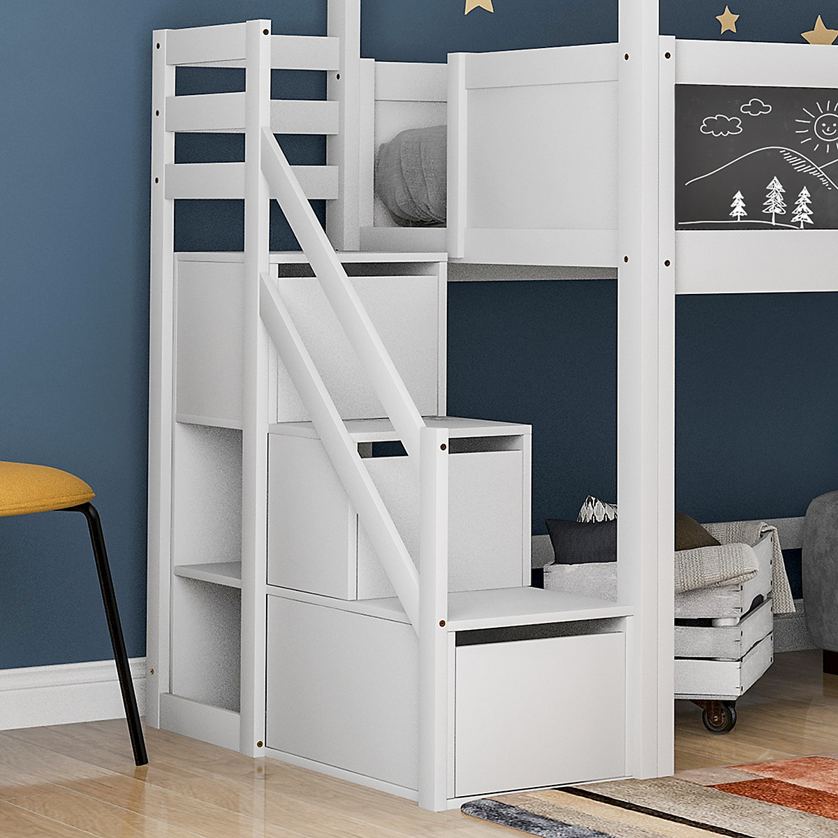 Hochbett 90x200cm mit Treppenschublden und Tafeln aus Massivholz, Kinderbett Spielbett