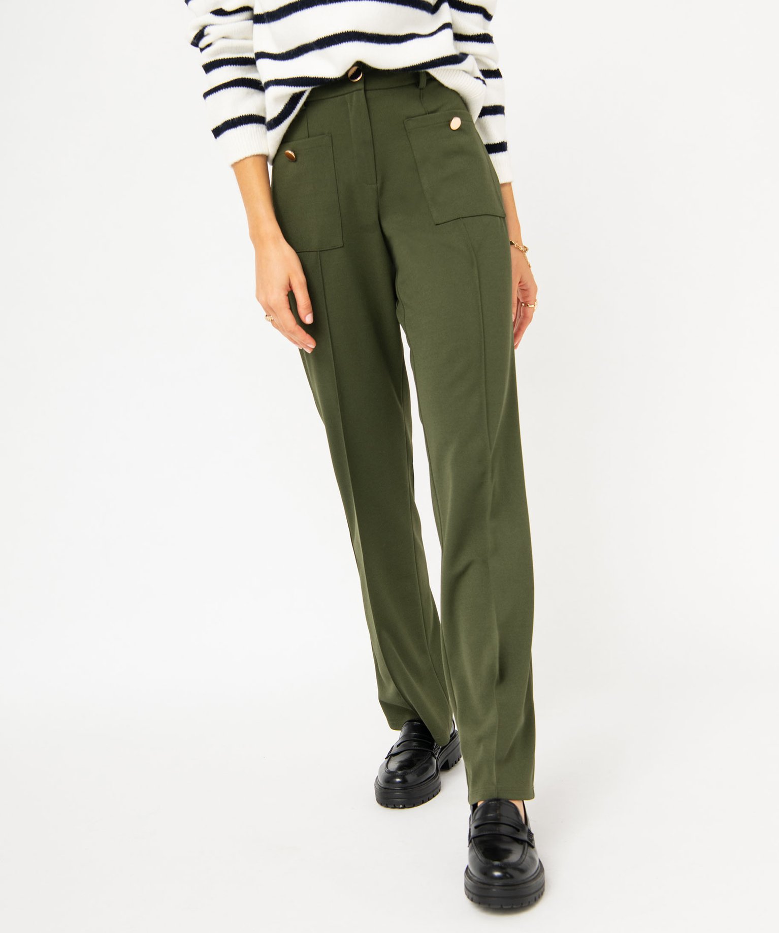 Pantalon en maille coupe droite avec fausses poches plaquée... kaki | GEMO