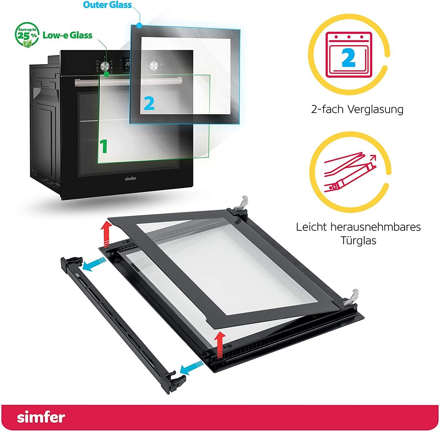 Simfer Einbaubackofen SMF-BO 6813, 60 L, 9 Funktionen, 2-fach Verglasung, mit 1-fach-Teleskopauszug, Dampfreinigung, Digitaler Timer, Versenkbare Drehknöpfe, Seitengitter