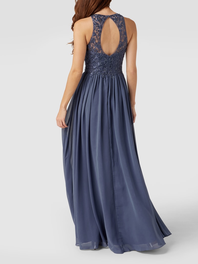 Abendkleid mit floralen Stickereien in rauchblau