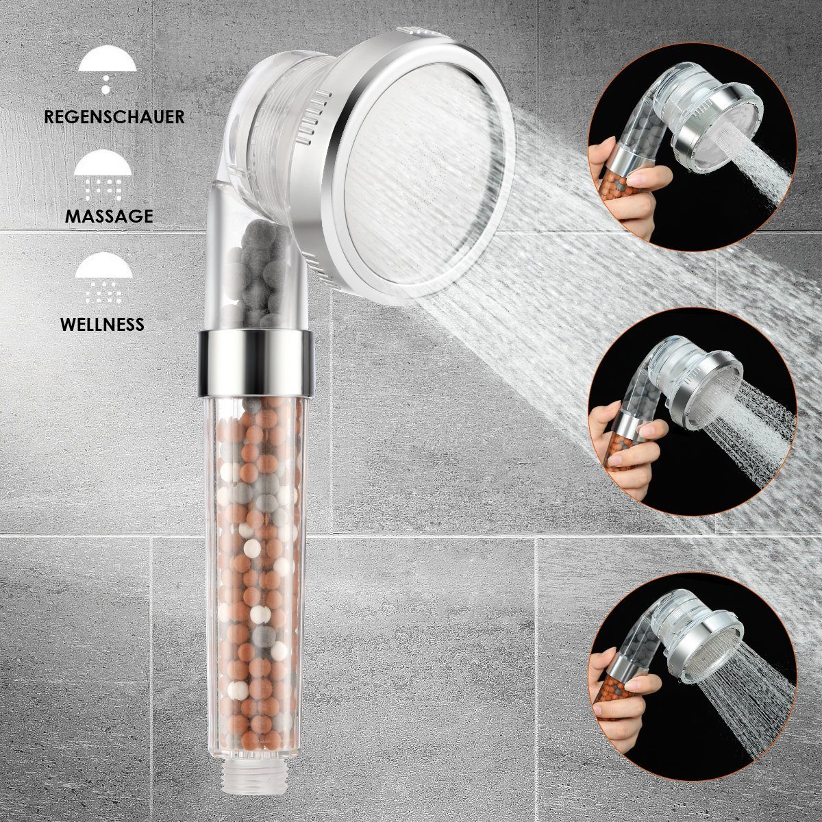 iscooter Handbrause Duschkopf Wassersparend, mit 3 Strahlarten, mit 3-Lagen-Filtration, (Set), mit Öko Ionen Filter Mineralsteinen, Druckerhöhend, Schlauch 1,5M