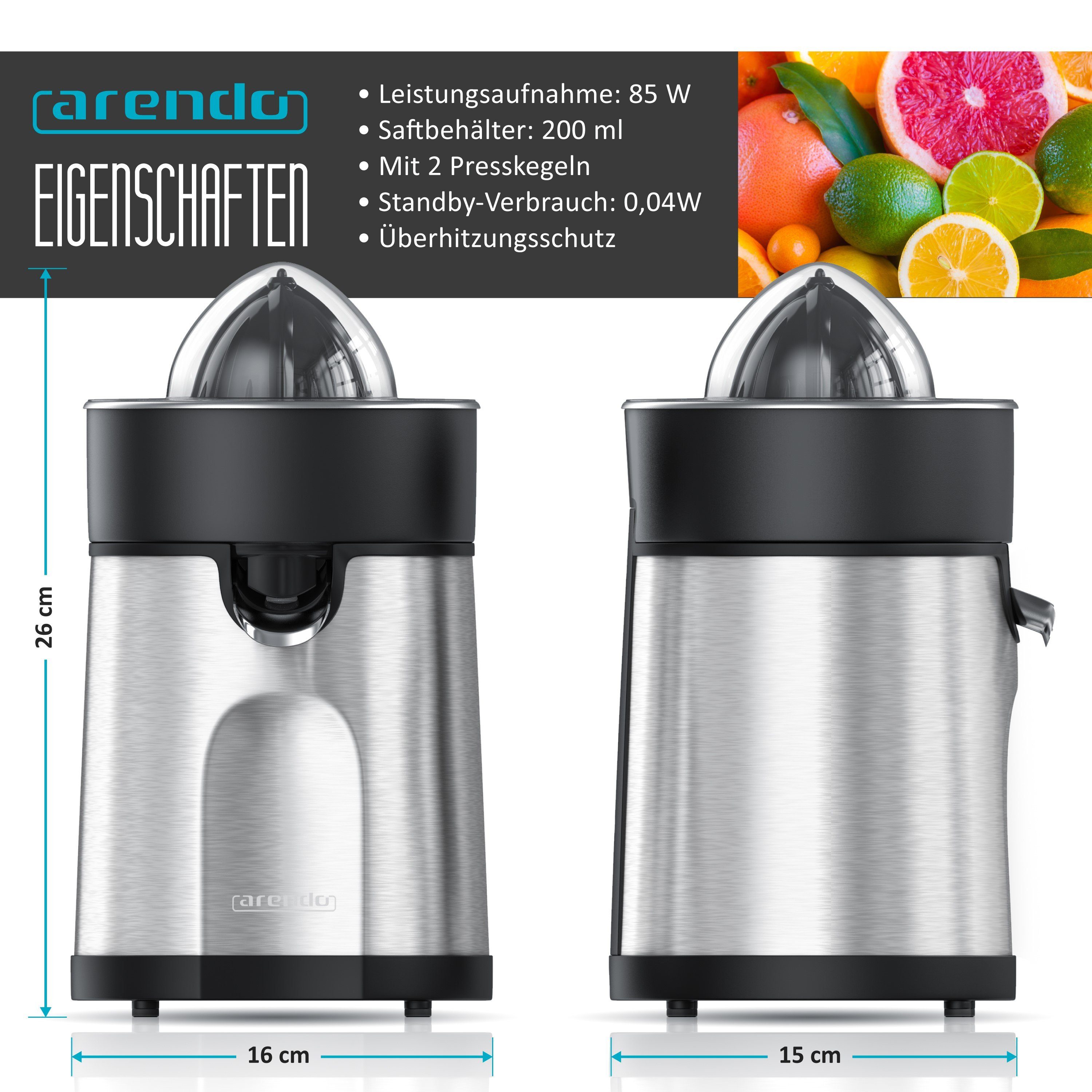 Arendo Zitruspresse, elektrisch, 85 Watt, Saftpresse mit 2 Presskegeln