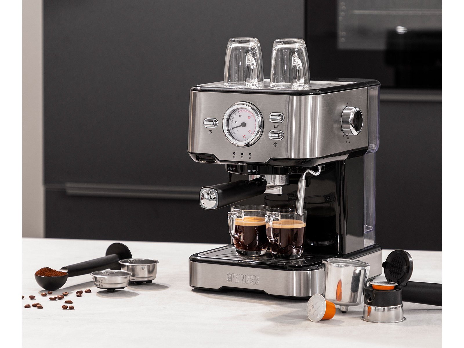 PRINCESS Siebträgermaschine, italienische Siebdruck Kaffee & Espresso-Maschine & ESE - Pad Adapter