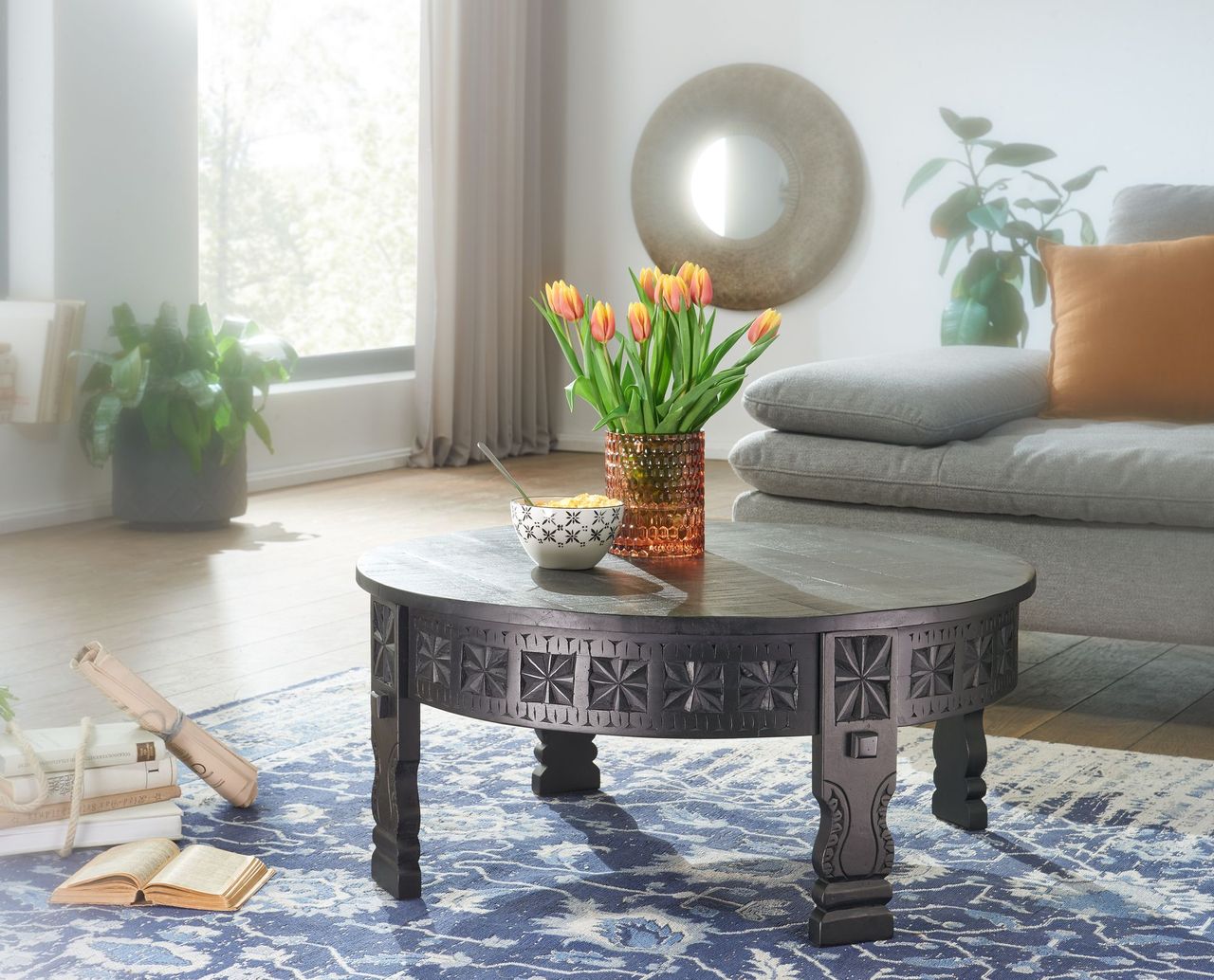 Wohnling Couchtisch 80 cm Wohnzimmertisch Massivholz Schwarz