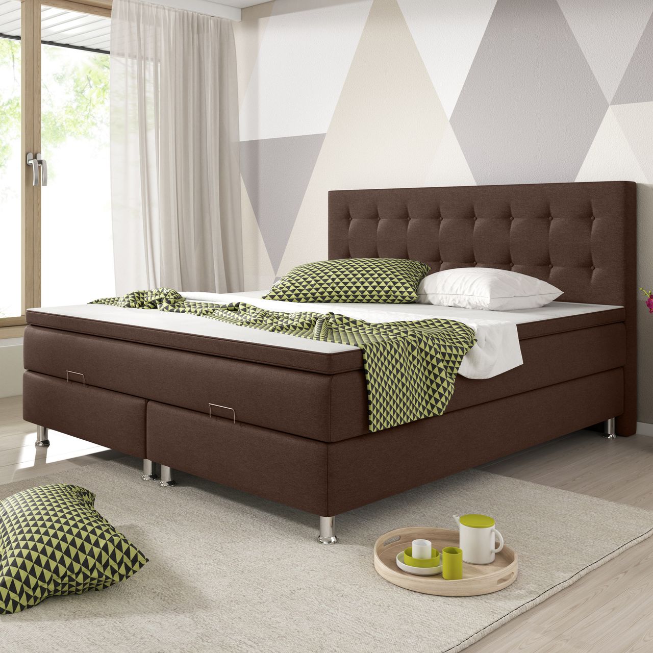 IHG Boxspringbett Köln mit Bettkasten 180x200 Webstoff Braun