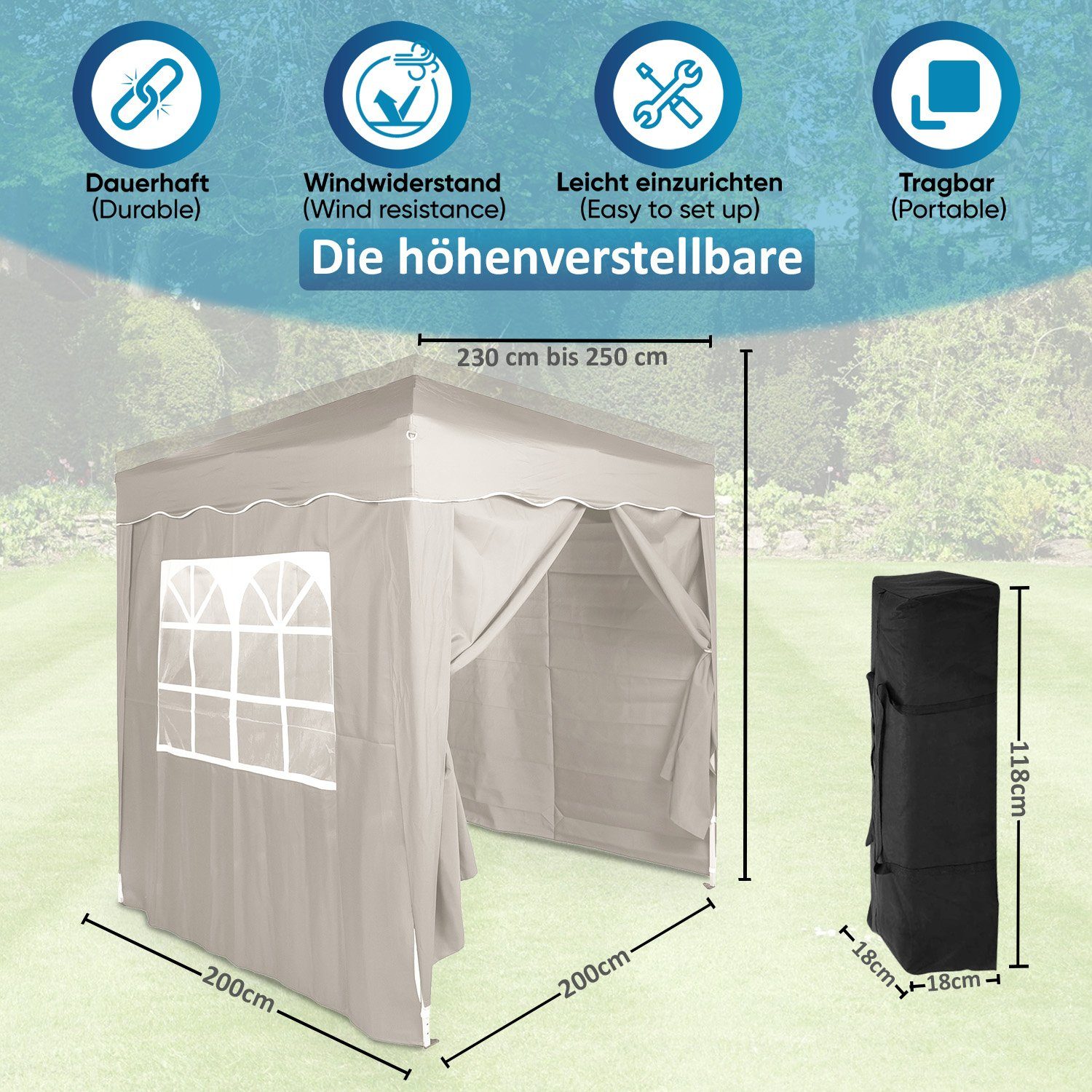 Defactoshop Faltpavillon Faltpavillon Klappzelt 2x2m Zelt + 2 Seiten Wasserdicht, mit 2 Seitenteilen