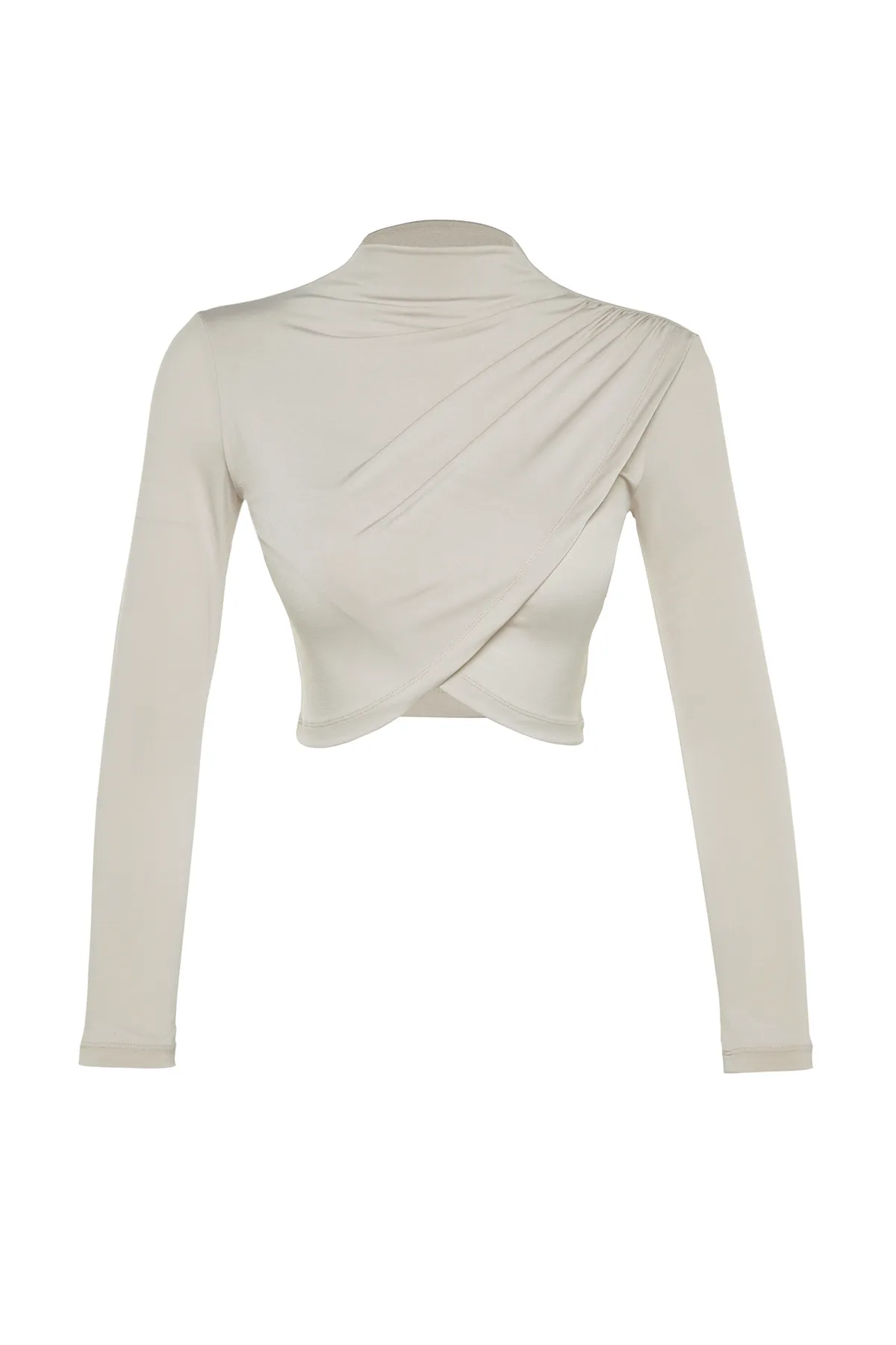 Trendyol Collection  Drapierte Crop-Bluse mit hohem Kragen in Hellstein TWOAW24BZ00164