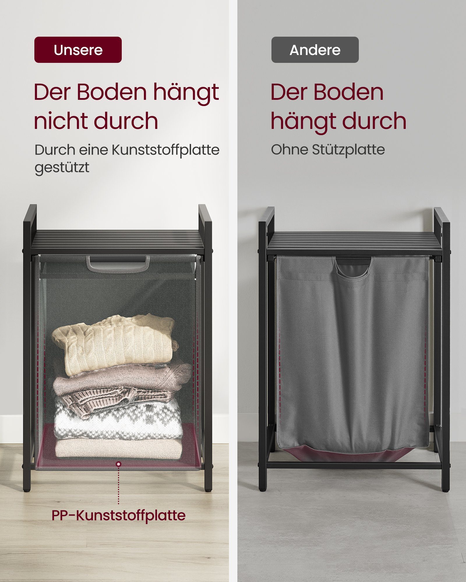 VASAGLE Wäschekorb, mit Ablage, Wäschesack abnehmbar, Metallrahmen, 65 L