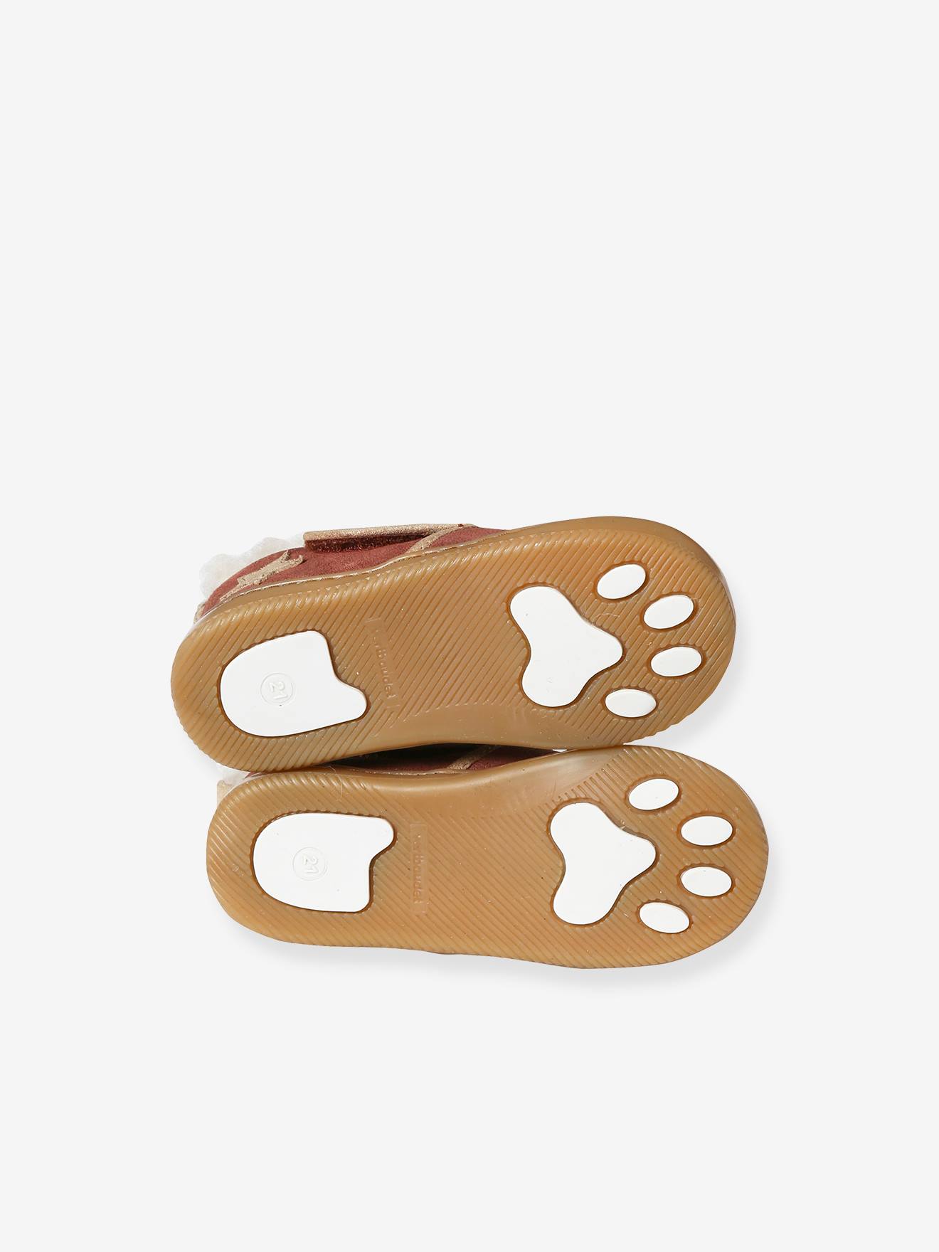 Chaussons fourrés scratchés bébé en cuir souple vieux rose