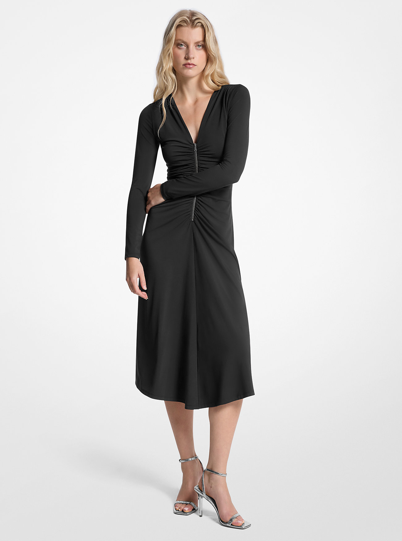 Ruched Stretch Matte Jersey Dress - BLACK