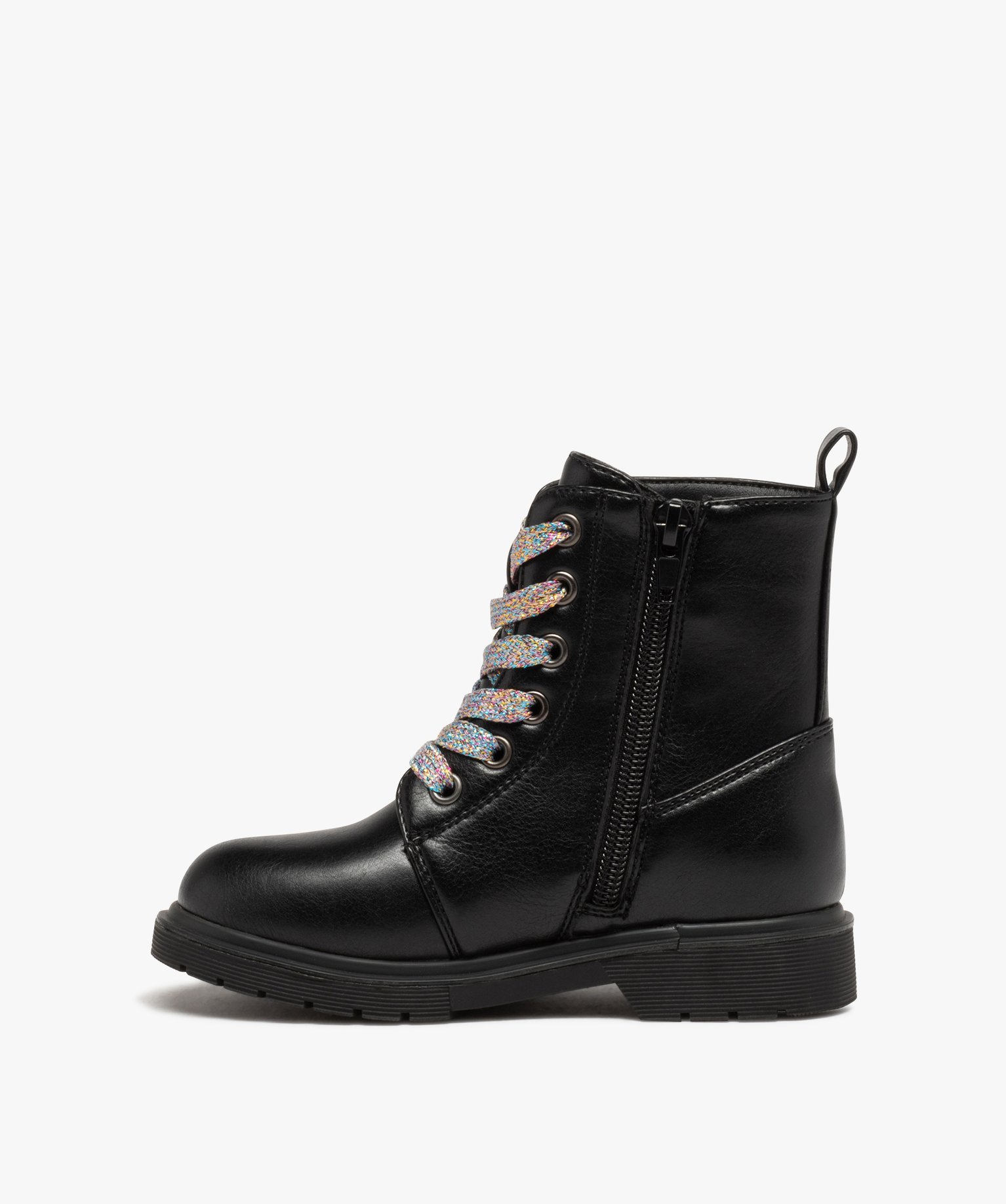 Boots fille unies à lacets multicolores avec coeurs en relief noir | GEMO