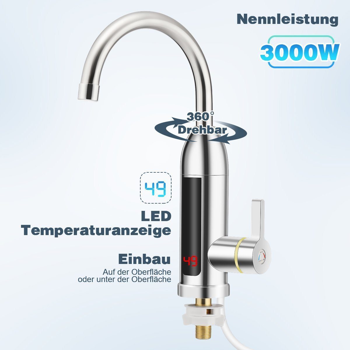 OULENBIYAR Klein-Durchlauferhitzer 3000w Elektrischer Wasserhahn Durchlauferhitzer, LED Temperaturanzeige, 360° drehbarer Küchenhahn, liefert heißes Wasser von 30-60 ℃, IPX4