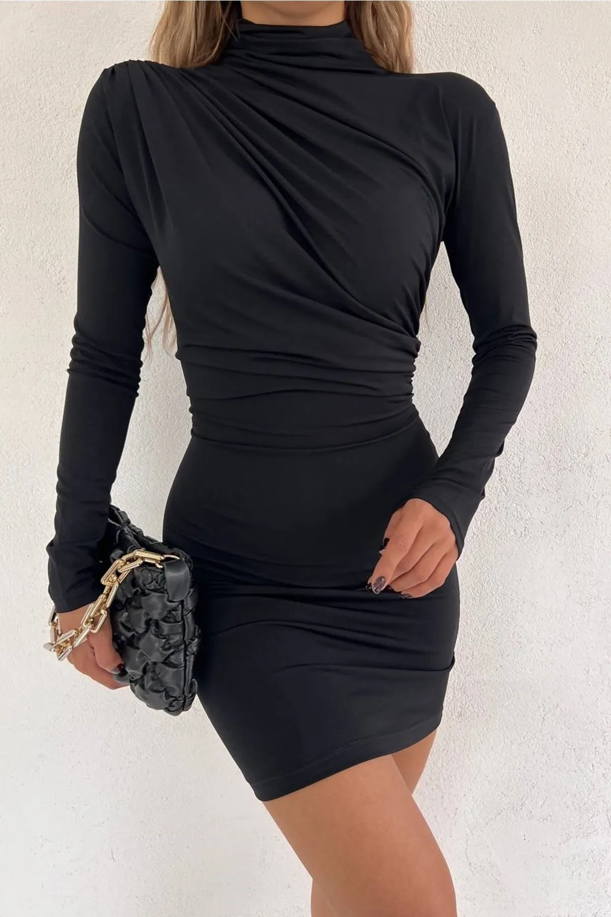 bayansepeti  Damenkleid aus flexiblem Sandy-Stoff mit langen Ärmeln und Rollkragen in Schwarz 10026