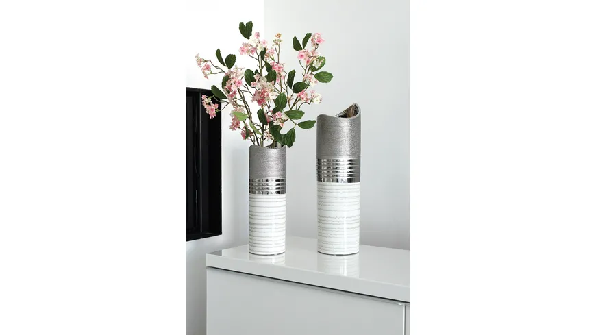 GILDE Keramik Halbmondvase Lavena H=44cm silber, weiß