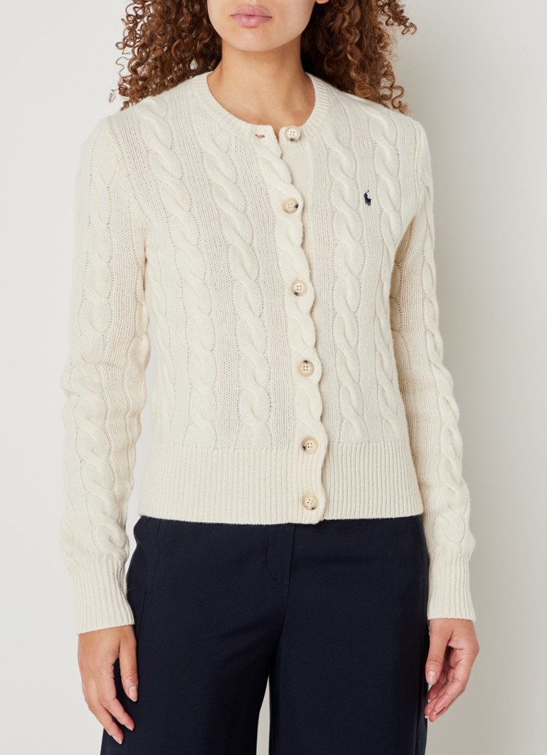 Cardigan tricotat cu împletituri din cașmir, de la Ralph Lauren.