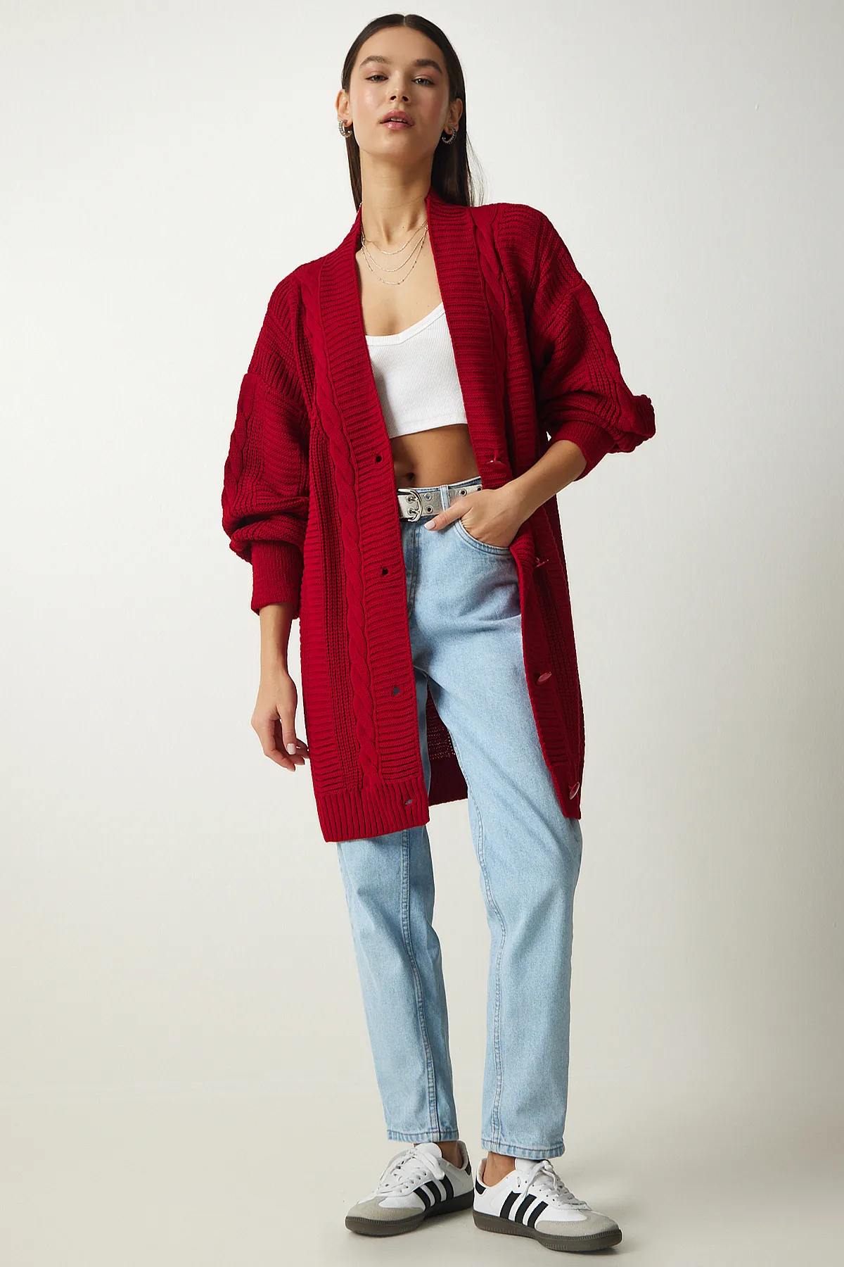Happiness İstanbul  Roter Oversize-Strick-Cardigan mit Ballonärmeln für Damen DD01033