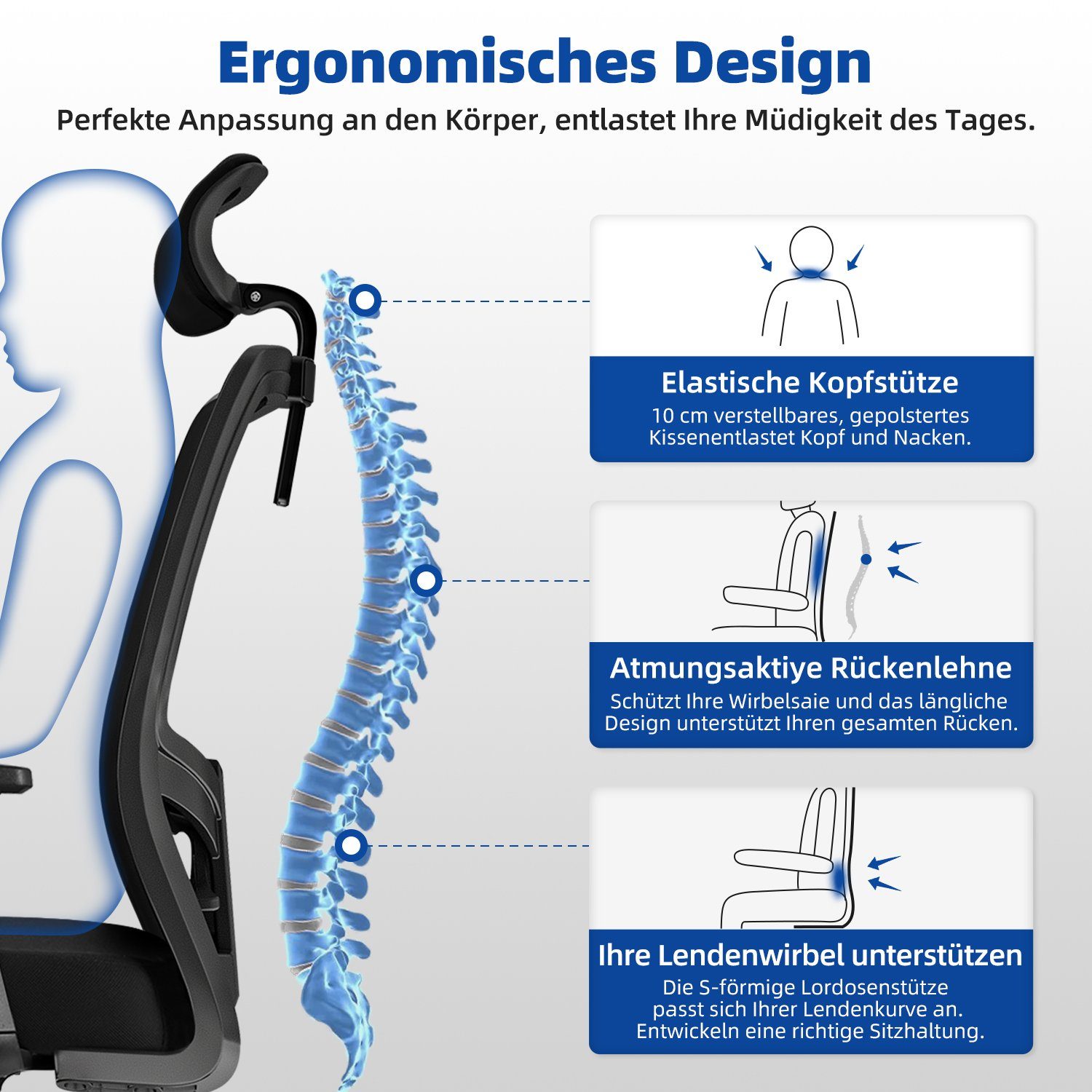 Daynee Bürostuhl Bürostuhl, Ergonomischer Schreibtischstuhl, Drehstuhl, Chefsessel (Packung, Verstellbare Armlehne,leise Rolle,Bis 155 kg belastbar, Atmungsaktiv,Sitzhöhe Einstellung), Wippfunktion 90°-135°, Verlängerte und Verbreiterte Rückenlehne,